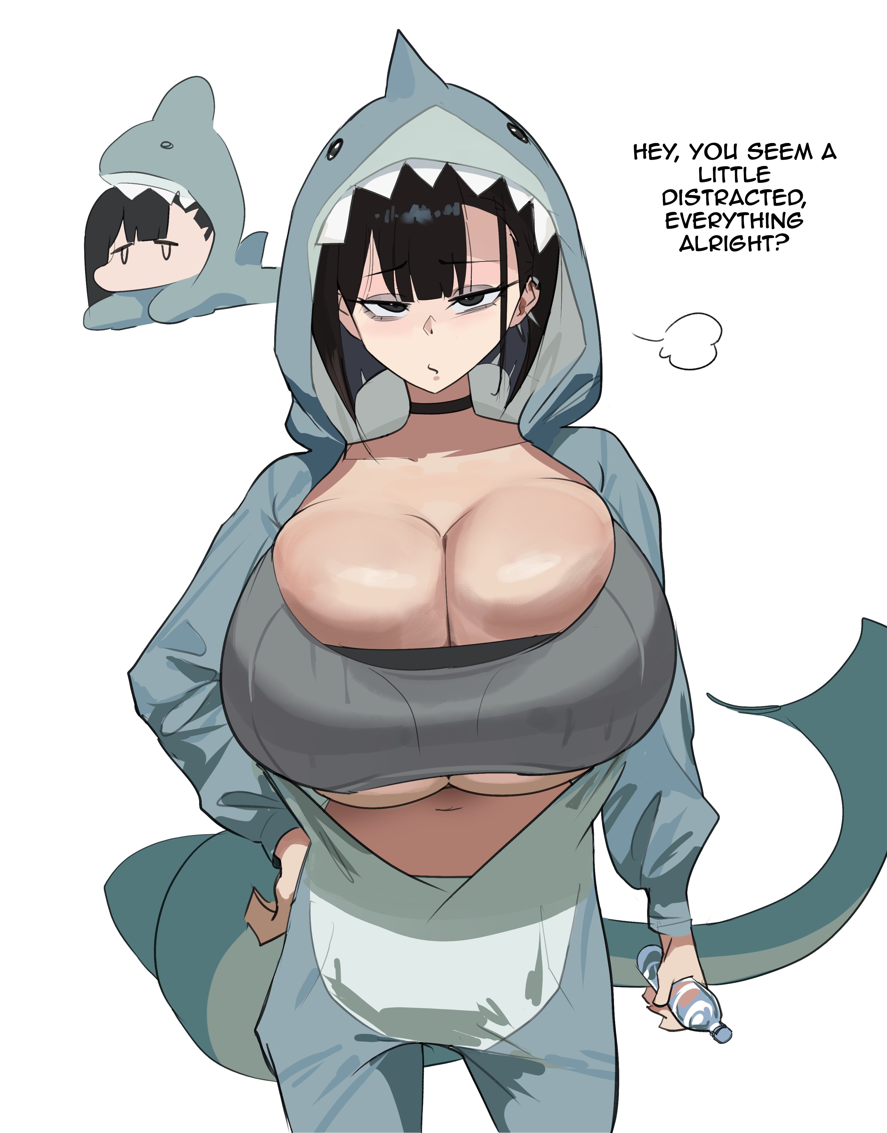 big breasts, booruguru, breasts, female, goth (booruguru), goth girl, huge breasts, large breasts, oc, original, original character, shark costume, solo, sports bra, top heavy