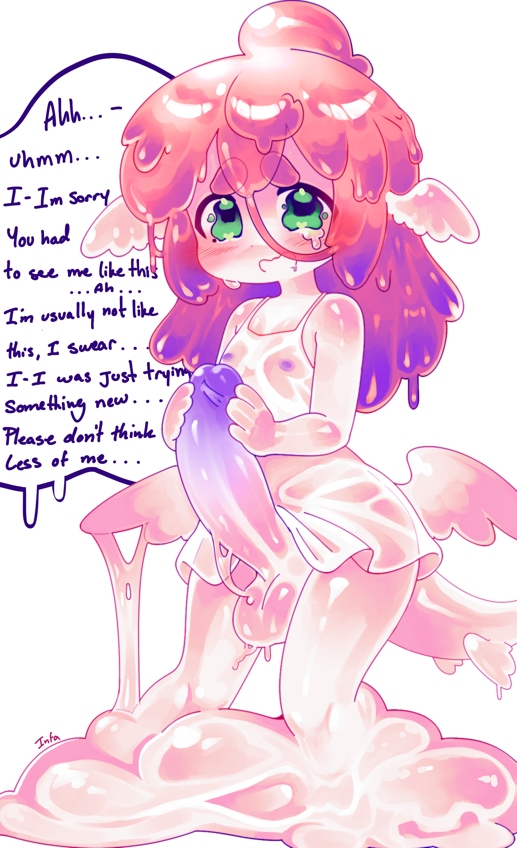 1futa, balls, bottomless, chibi, clothed, clothing, dialogue, embarrassed, embarrassed expression, erection, flat chest, flat chested, flat chested futa, futa only, futanari, green eyes, head wings, huge cock, humanoid, humanoid penis, humiliated, infantilette, masturbation, mostly clothed, nipples, nipples visible through clothing, nipples visible through shirt, oc, penis, purple nipples, self upload, shiny skin, slime, slime body, slime girl, slime hair, smooth balls, smooth penis, solo, tail, tears, wet, wet clothes, wet clothing, wings