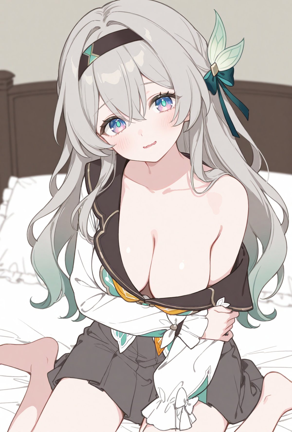 1girls, breasts, exposed breasts, female, firefly (honkai: star rail), firefly (spring missive) (honkai: star rail), honkai: star rail, hoyoverse, long hair, lumia pq, mihoyo, multicolored eyes, multicolored hair, on bed, undressing