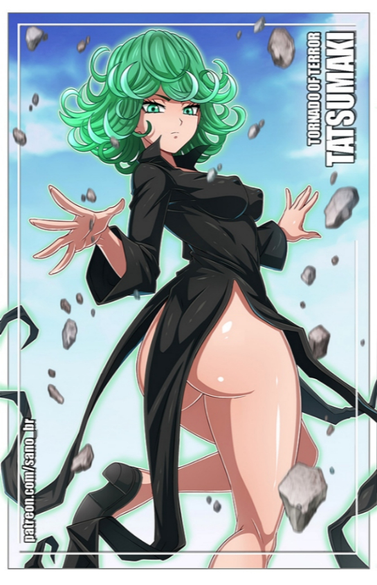 ass, black dress, black footwear, breasts, closed mouth, covered nipples, curly hair, dated, dress, female, floating, green eyes, green hair, looking at viewer, looking back, no panties, one-punch man, sano-br, short hair, small breasts, solo, tatsumaki, telekinesis, thighs
