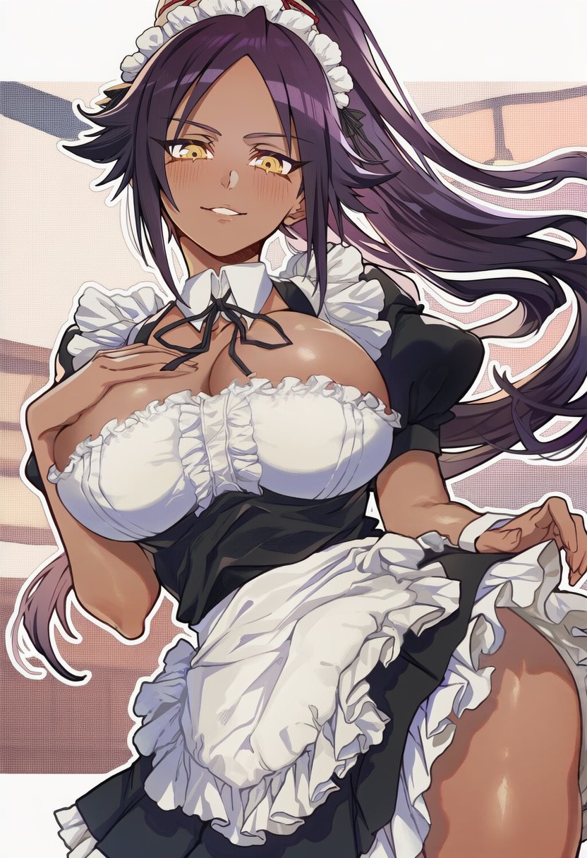 1girls, ai generated, big breasts, bleach, breasts, brown eyes, dark-skinned female, female, female only, long hair, maid, maid headdress, maid uniform, ponytail, purple hair, shihouin yoruichi, solo
