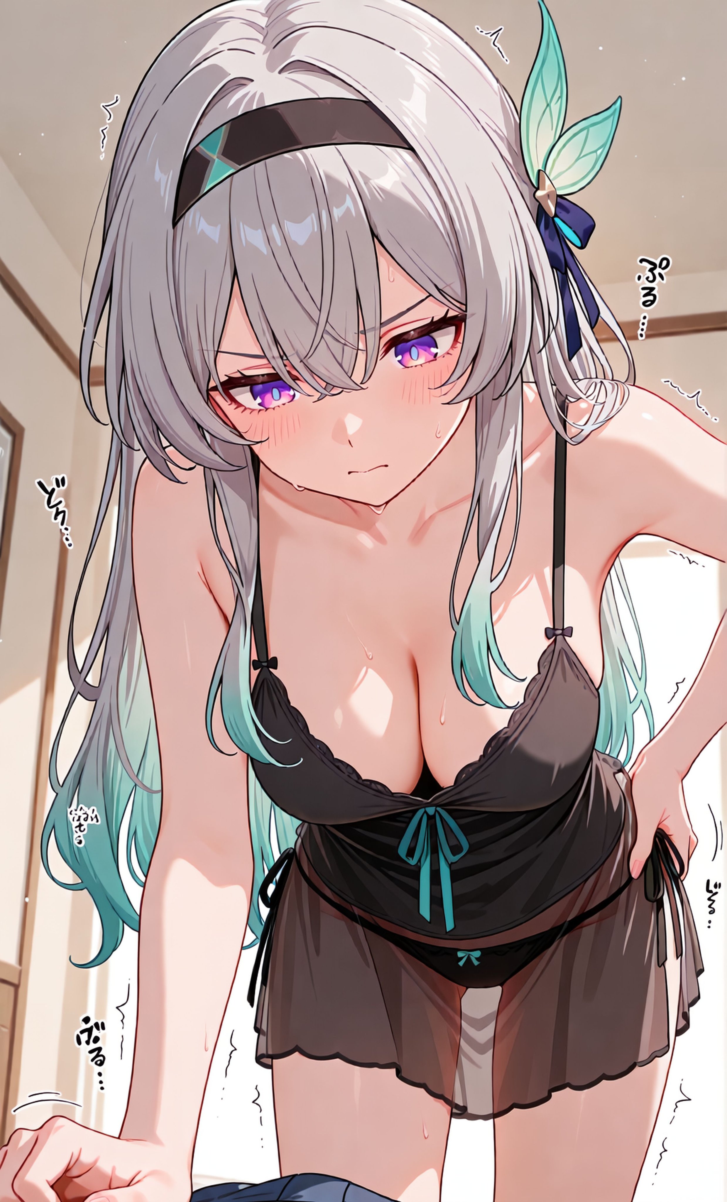 1girls, ai generated, black underwear, breasts, exposed breasts, female, firefly (honkai: star rail), honkai: star rail, hoyoverse, long hair, mihoyo, multicolored eyes, multicolored hair, see-through clothing, underwear