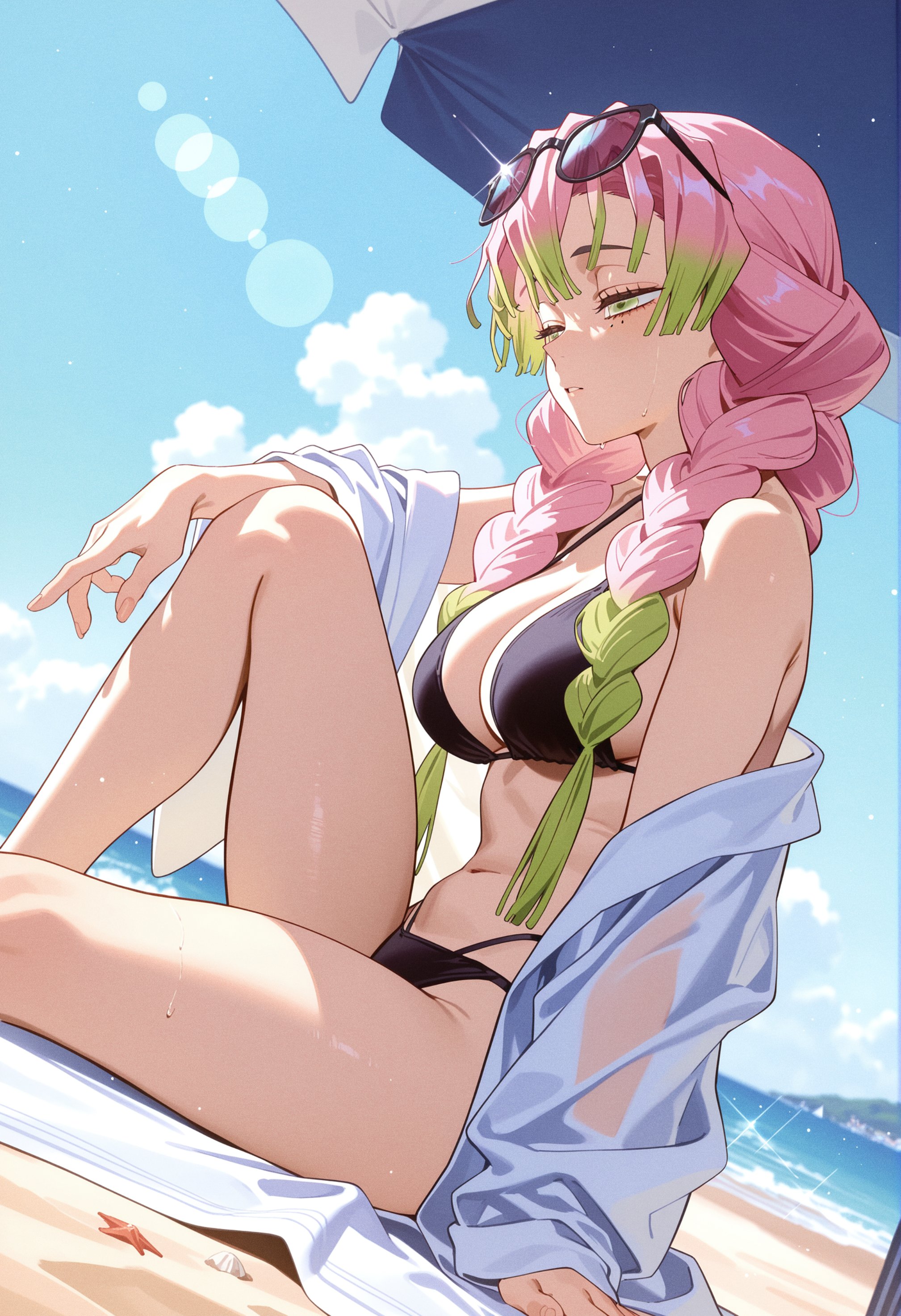 1girls, ai generated, beach towel, bikini, black bikini, demon slayer, female, green hair, kawaani, long hair, mitsuri kanroji, multicolored hair, pink hair, sand, sitting