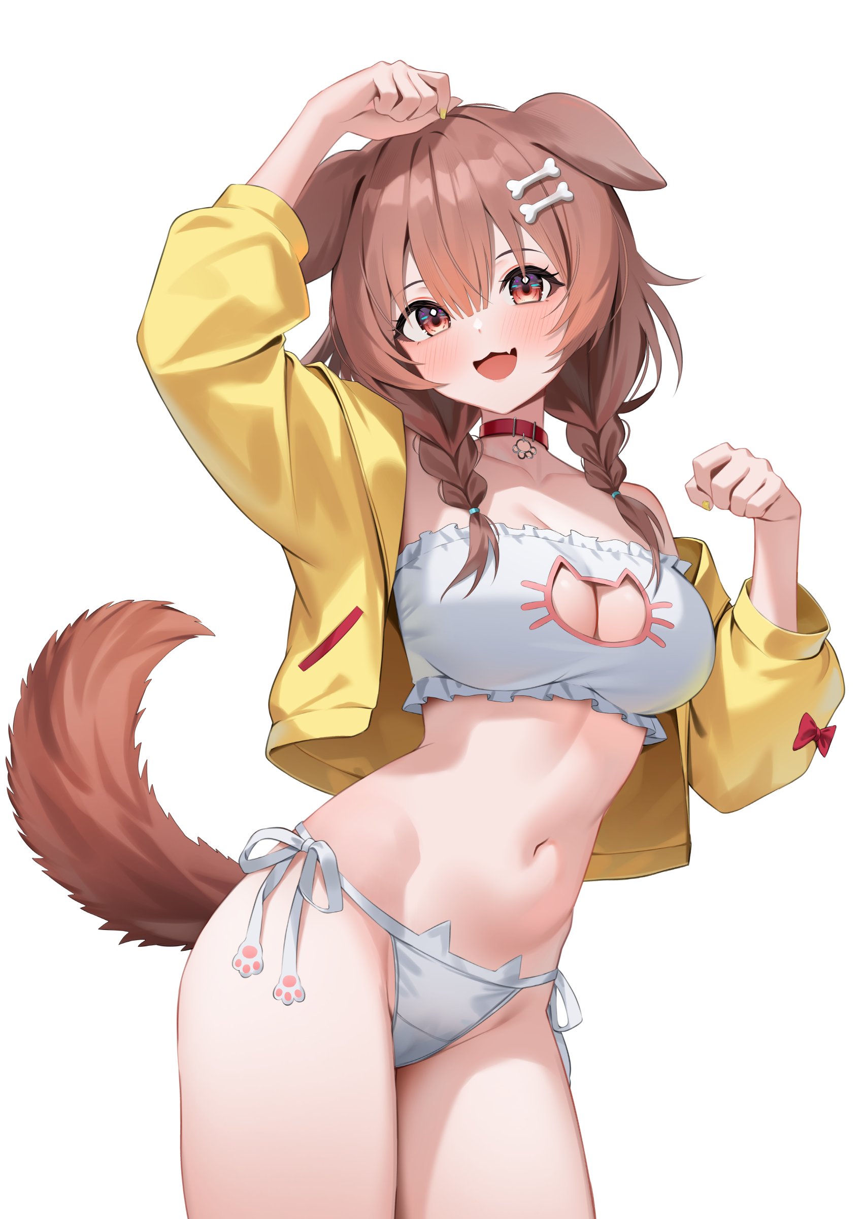 :3, absurdres, alternate costume, animal ears, arm up, bandeau, blush, bone hair ornament, braid, breasts, brown eyes, brown hair, cat cutout, center-flap bangs, choker, cleavage, cleavage cutout, clothing cutout, collarbone, commentary request, cowboy shot, cropped jacket, crotch seam, cute fang, dog ears, dog girl, dog tail, female, frilled bandeau, hair between eyes, hair ornament, highres, hololive, hololive gamers, hololive japan, inugami korone, jacket, large breasts, linea alba, long bangs, long hair, looking at viewer, low-braided long hair, low-tied long hair, nail polish, navel, no pants, open clothes, open jacket, open mouth, panties, paw pose, red choker, shuvi (shuvi1125), side-tie panties, simple background, skin fang, smile, solo, standing, stomach, tail, underwear, virtual youtuber, white background, white bandeau, white panties, yellow jacket, yellow nails