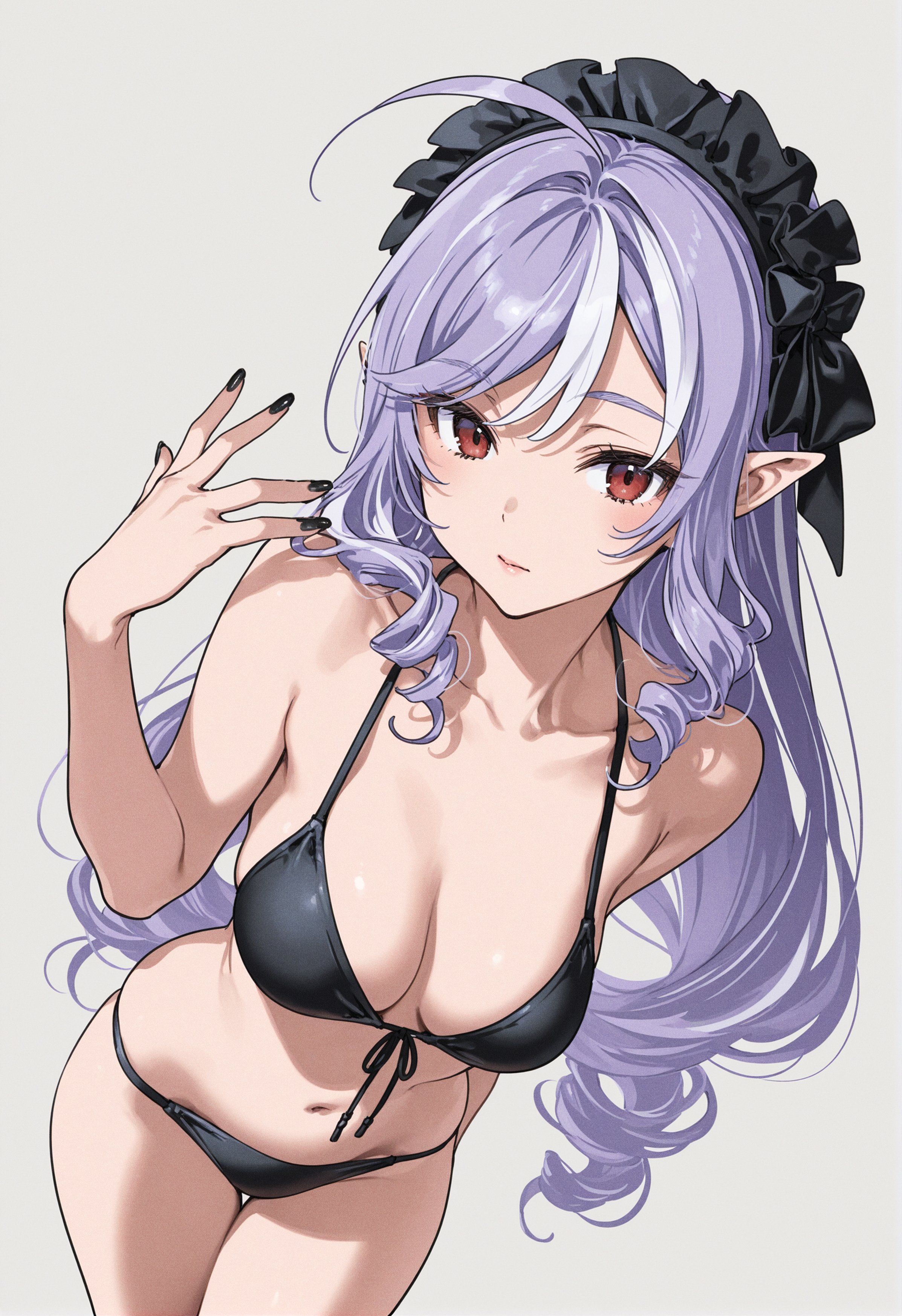 ai generated, black lingerie, breasts, elf ears, exposed breasts, female, hoyoverse, lingerie, long hair, mihoyo, purple hair, red eyes, vivian (zenless zone zero), vivian banshee, zenless zone zero