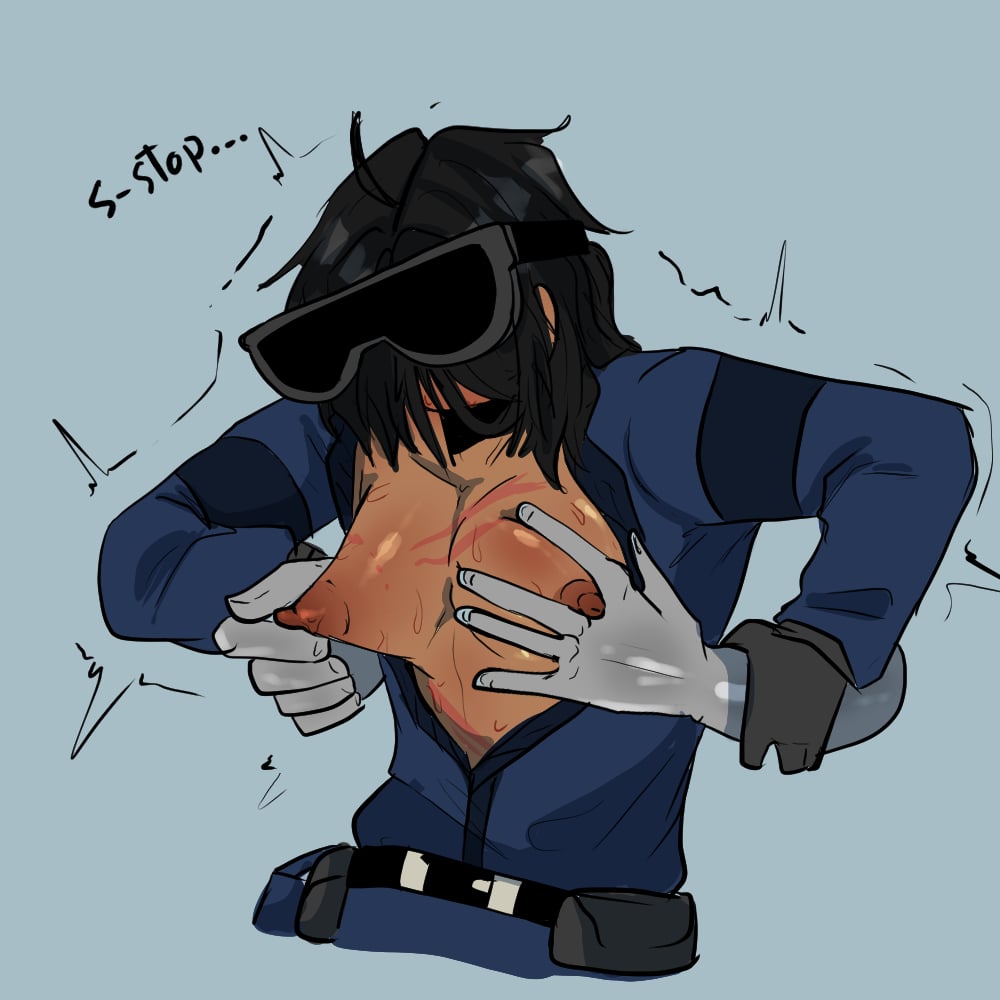 ..., 1boy, 1human, 1male, 2025, 2d, 2d (artwork), 2d artwork, anon, asking to stop, black gloves, black hair, blue background, blue jumpsuit, breast play, breasts, colored, digital, digital art, digital drawing, digital drawing (artwork), digital media, digital media (artwork), disembodied arm, disembodied hand, disembodied hands, gloves, goggles, goggles on head, hand on breast, human, human focus, human male, human only, jumpsuit, male, male breasts, male focus, male human, male nipples, male only, male with breasts, medium hair, motion lines, nipple between fingers, nipple play, nipple pull, nipple squeeze, nipple tweak, nipples, one color background, open jumpsuit, pouch (clothing), pouches, pressure (roblox), pulling nipple, roblox, roblox game, sallysa20728693, sebastian solace, sebastian solace (human), shaking, shaking lines, solid color background, squeezing nipple, tan skin, tanned, tanned skin, touching arms, touching nipple, tremble lines, trembling, y/n