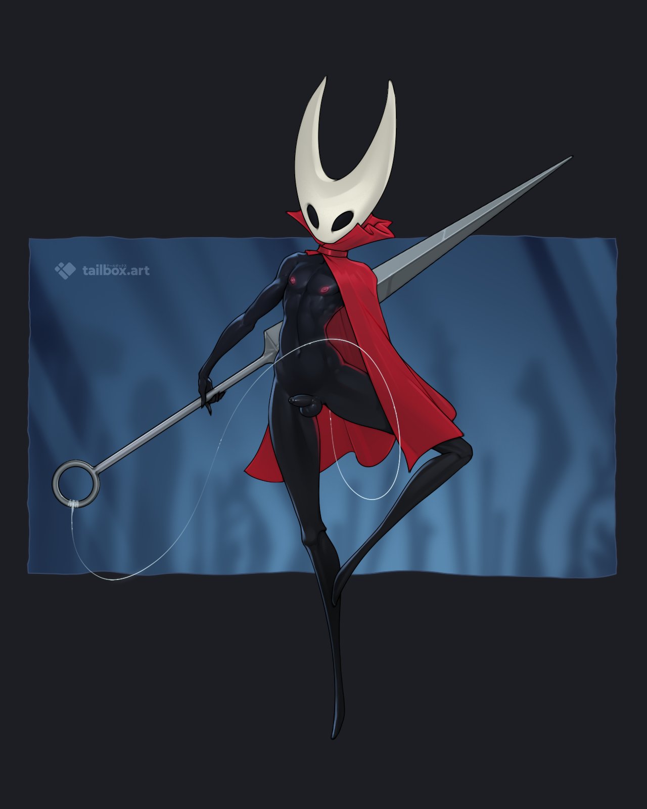 abs, armed, arms up, bare legs, bare midriff, black body, cloak, clothing, crouching, femboy, flaccid, full body, hollow knight, hollow knight: silksong, hornet (hollow knight), humanoid, male, mask, muscular, non-human, penis, rule 63, shiny skin, silksong, simple background, slightly muscular, small penis, solo, standing, tailbox, thin waist, toned, toned body, video games