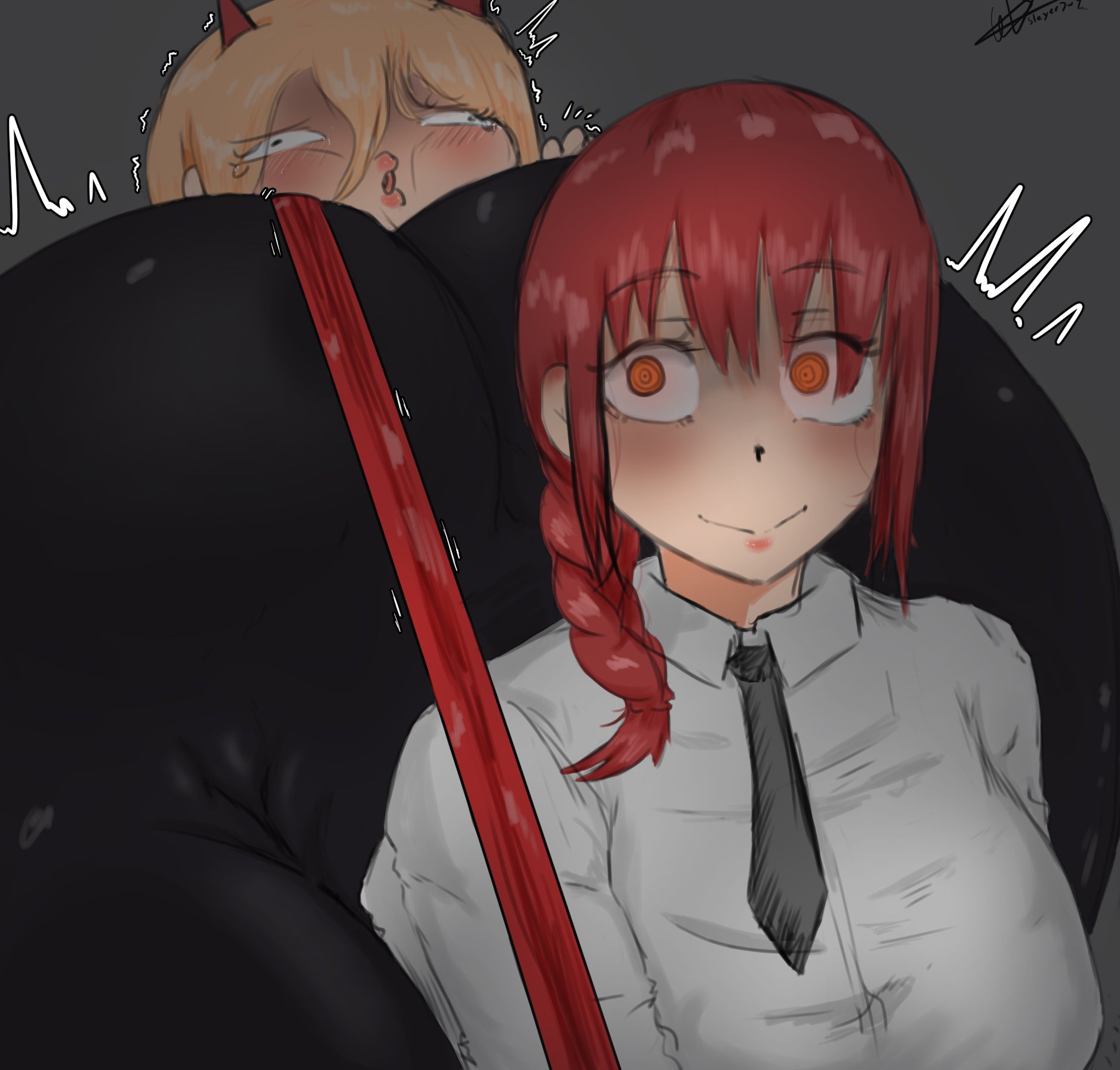 2girls, big ass, chainsaw man, clothing, facesitting, female, female only, female/female, gigantic ass, huge ass, leash, makima (chainsaw man), makima fart inflation, meme, power (chainsaw man), sleyer737