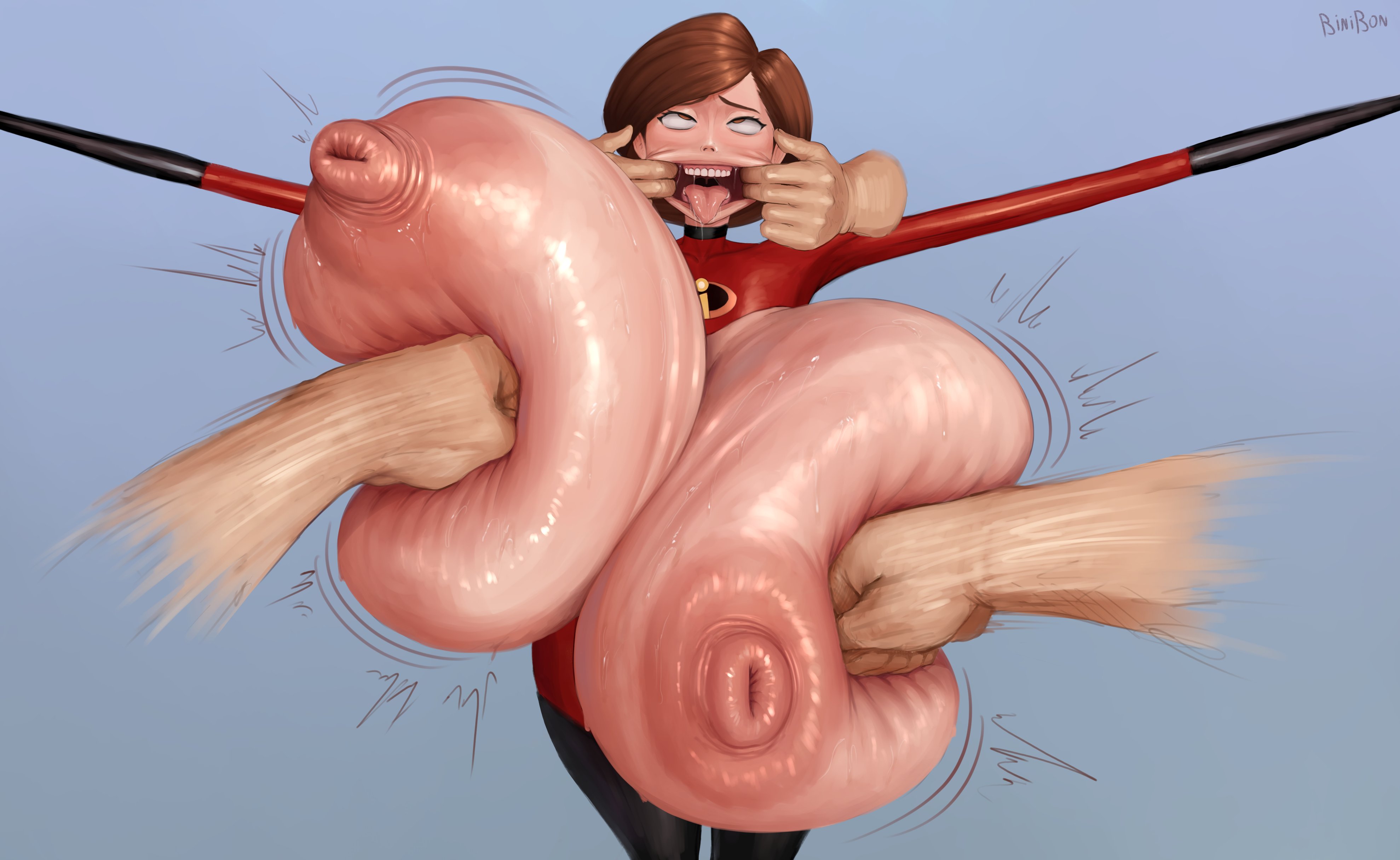 ahe gao, binibon123, breasts, costume, drooling, elastic body, elastigirl, exposed breasts, exposed nipples, female, helen parr, huge areolae, huge breasts, losing mind, open mouth, punching, punching breasts, restrained, ryona, spread mouth, tagme, the incredibles
