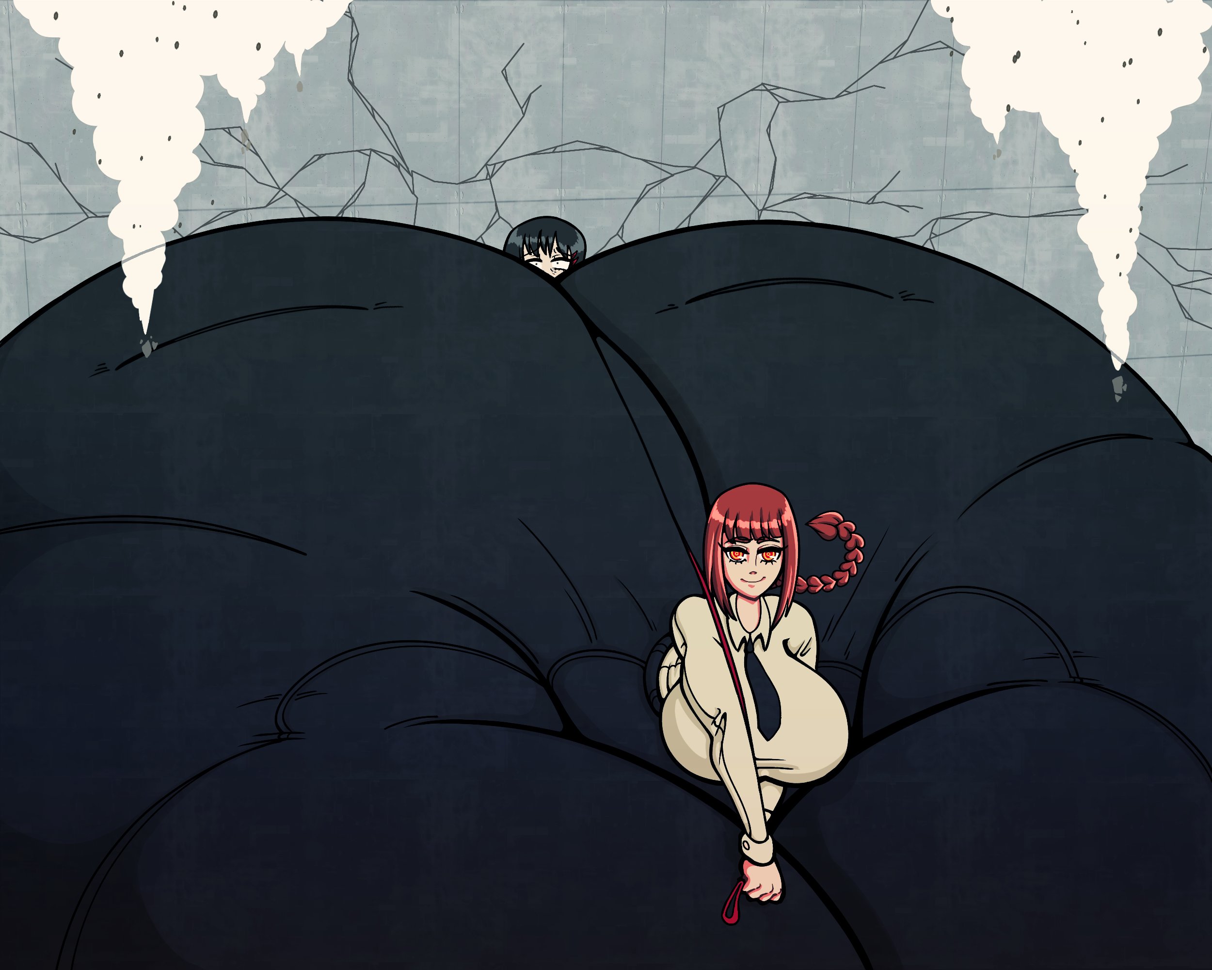2girls, against wall, ass, ass body, ass focus, big ass, bottom heavy, cgkey1, chainsaw man, collar, colossal ass, cracked wall, duo, enormous ass, facesitting, fat ass, female, female focus, female only, front facing with ass, fully clothed, gigantic ass, higashiyama kobeni, huge ass, huge thighs, hyper, hyper ass, hyper bottom half, hyper hips, hyper thighs, larger female, leash, makima (chainsaw man), makima fart inflation, meme, red hair, size difference, smaller female, smothering, thick thighs, thomasmdnt, wide hips