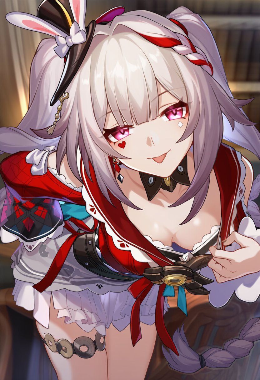 anime, anime girl, blush, choker, cleavage, female, frilled dress, hair ornament, heart mark, honkai: star rail, leaning forward, looking at viewer, low cut top, maid outfit, pink eyes, sfw, short hair, silver hair, smile, solo, sparkle (honkai star rail), sparkle (honkai: star rail), sparxie (honkai: star rail), teasing expression, upper body focus