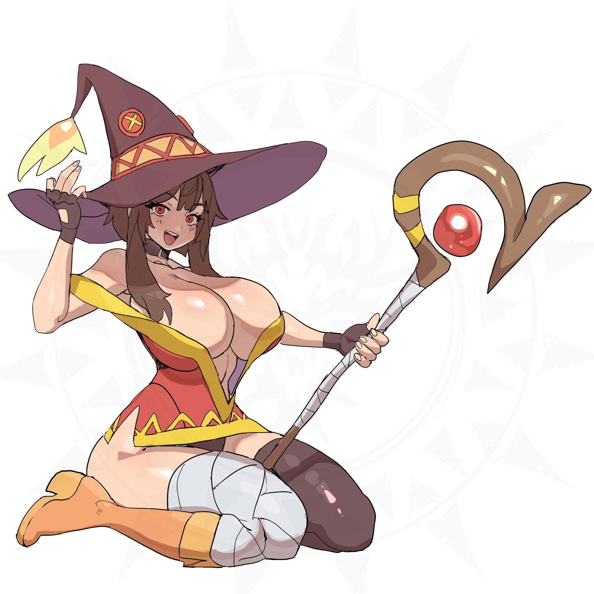 1girls, alternate breast size, asymmetrical legwear, breasts, brown hair, cleavage, female, female only, huge breasts, kono subarashii sekai ni shukufuku wo!, large breasts, light skin, light-skinned female, looking at viewer, maniacpaint, megumin, off shoulder, red eyes, short hair, short hair with long locks, smile, solo, thick thighs