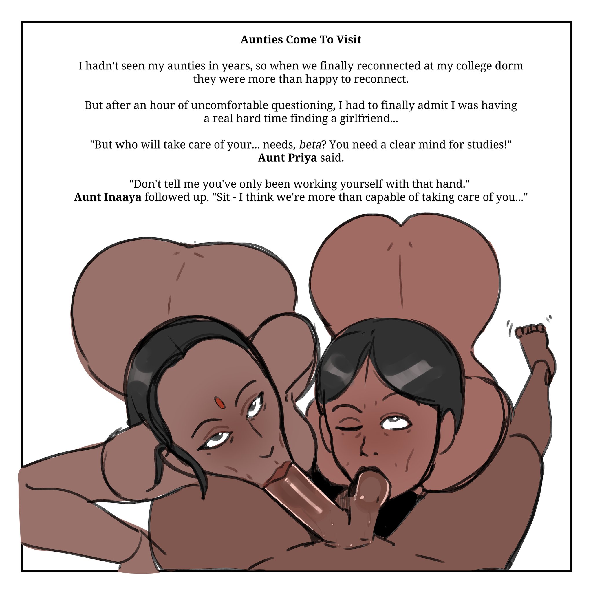 1boy, 1boy2girls, 2girls, ass, aunt, aunt and nephew, back, back view, balls, balls sucking, big penis, bindi, black hair, blowjob, collaborative fellatio, dark skin, dark-skinned female, dark-skinned male, deadenddraws, english, english text, feet, fellatio, female, female penetrated, ffm, ffm threesome, incest, indian, indian female, male, male pov, male/female, nude, nude female, nude male, older female, older female and younger male, oral, oral sex, original character, original characters, penis, penis in mouth, pov, pov eye contact, saliva, saliva on penis, sucking balls, sucking penis, text, threesome, wink, younger male
