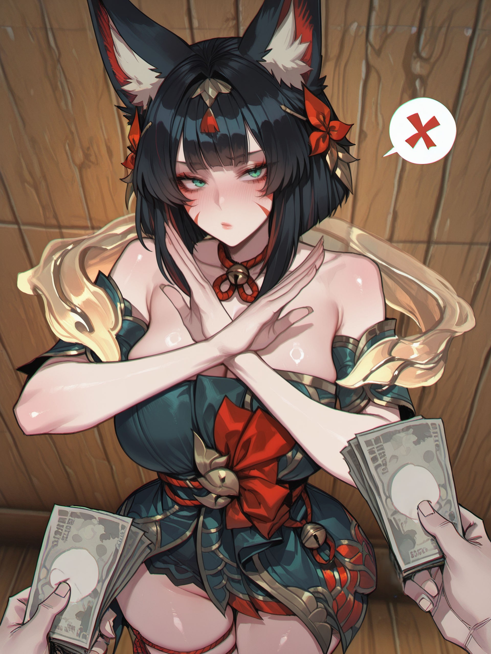 after hours spirit blossom springs ahri, ahri, ahri (league of legends), ai, ai art, ai generated, breasts, female, fox girl, holding money, large breasts, league of legends, riahri, spoken x, thighs
