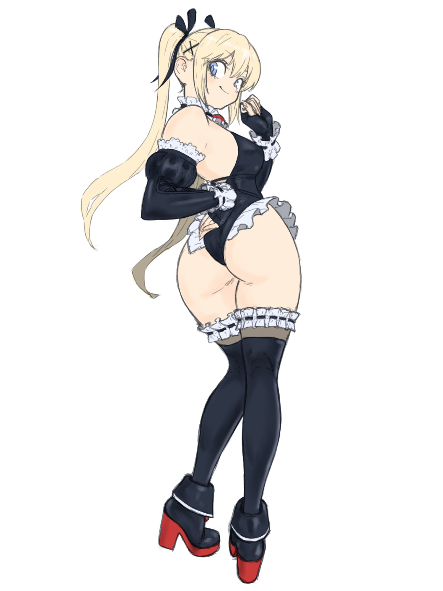 1girls, ass, blonde hair, blue eyes, breasts, dead or alive, female, female only, leotard, looking at viewer, looking back, maid uniform, marie rose, medium breasts, solo, swedish female, thighhighs, toshinoshin00, twintails