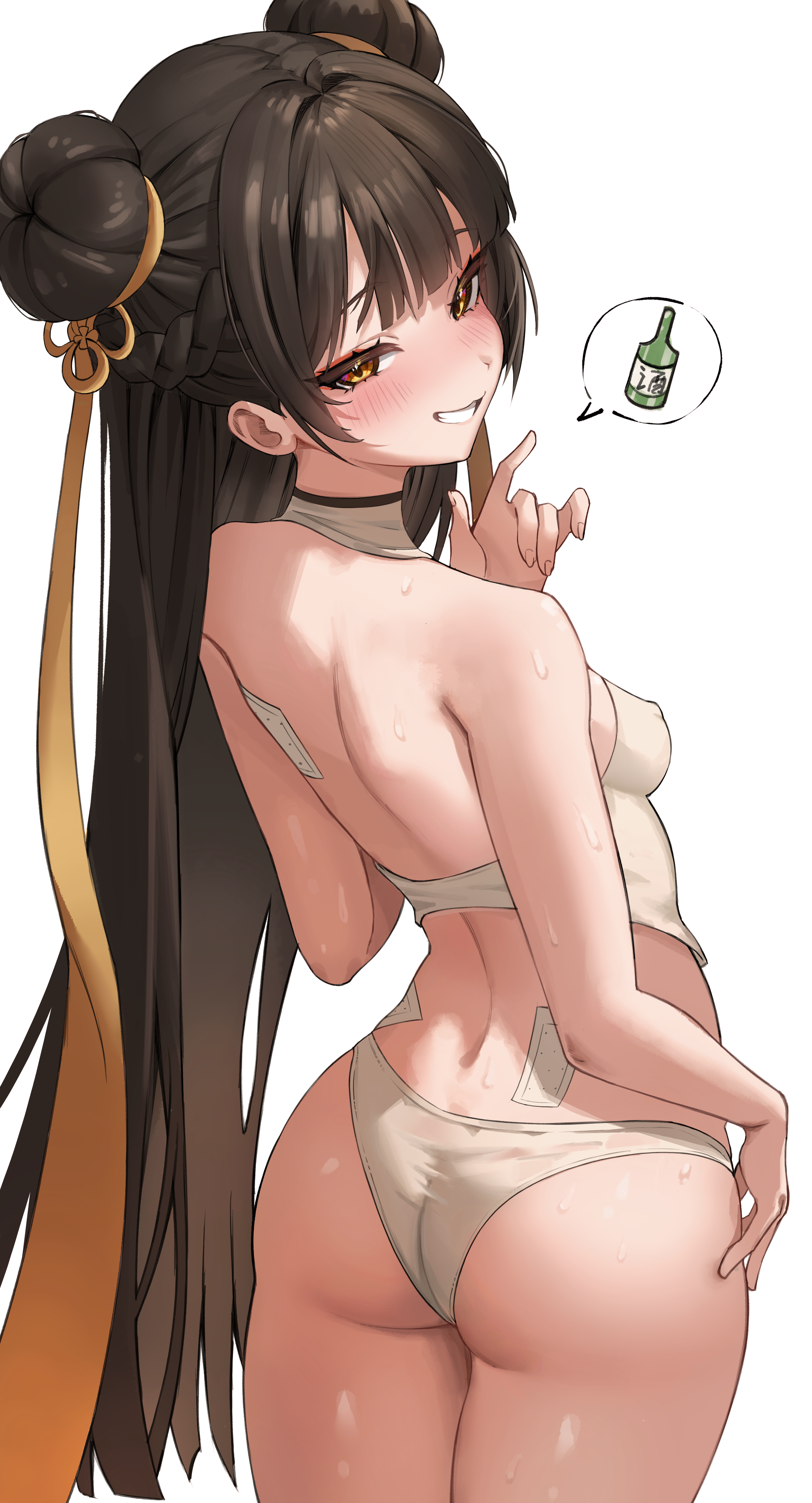 absurdres, ass, bare shoulders, black survival, blush, bra, braid, breasts, brown hair, clenched teeth, commentary, covered erect nipples, dasi (kwts3227), double bun, eternal return: black survival, female, grin, hair bun, highres, li dailin, li dailin (black survival), long hair, looking at viewer, panties, sideboob, simple background, small breasts, smile, solo, standing, sweat, teeth, underwear, underwear only, white background, white bra, white panties, yellow eyes