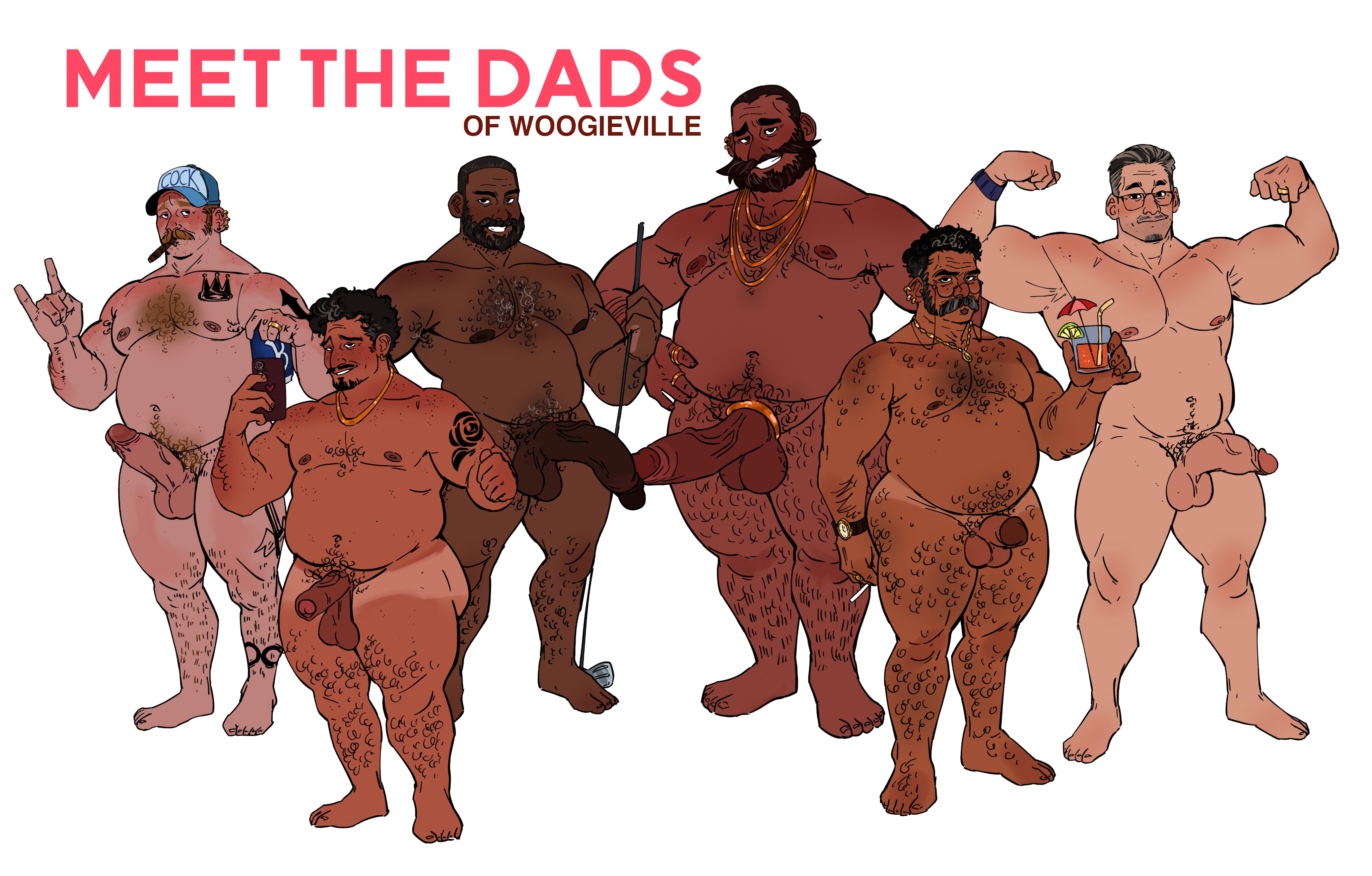 6boys, alphonse (hebiwoogie), arm hair, armpit hair, balls, bara, barefoot, biceps, blush, chest hair, cigarette, cock ring, completely nude, dark-skinned male, daryl (hebiwoogie), erection, facial hair, feet, flexing, gay, glasses, gold chain, hat, hebiwoogie, holding object, leg hair, light-skinned male, male, male focus, male only, mariano (hebiwoogie), mr. bong (hebiwoogie), muscular, muscular arms, muscular chest, muscular legs, muscular male, nader (hebiwoogie), naked, nipples, nude, pecs, penis, phone, pubic hair, simple background, suraj (hebiwoogie), take your pick, text, woogieville, wristwear, yaoi