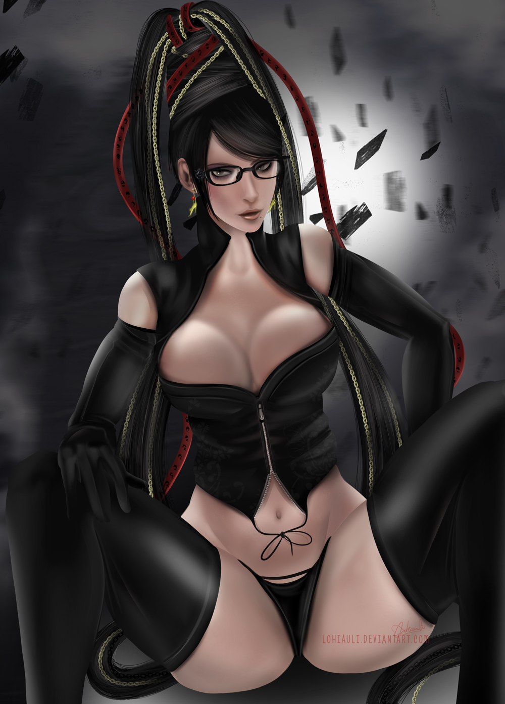 1girls, bayonetta, bayonetta (character), black panties, corset, female, lohiauli, panties, solo, stockings, thong