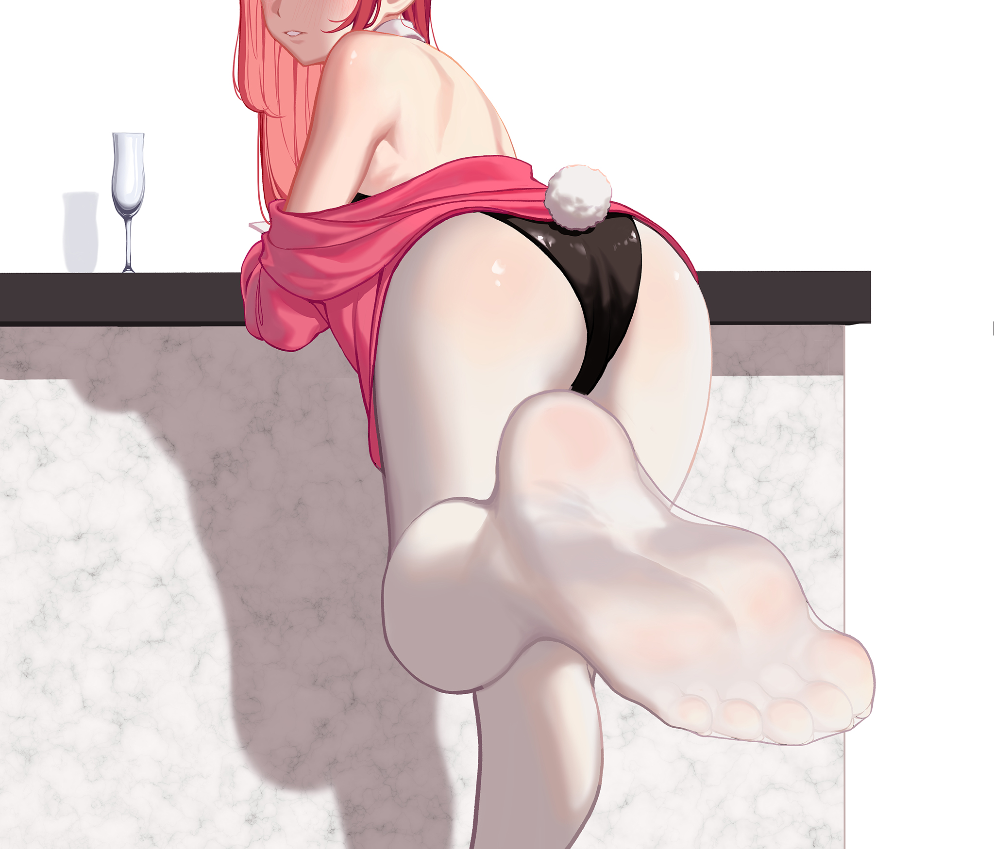 ass, blush, champagne flute, cup, drinking glass, feet, female, foot focus, highres, lamb ovis, long hair, looking back, pantyhose, parted lips, playboy bunny, red hair, soles, toes, white pantyhose