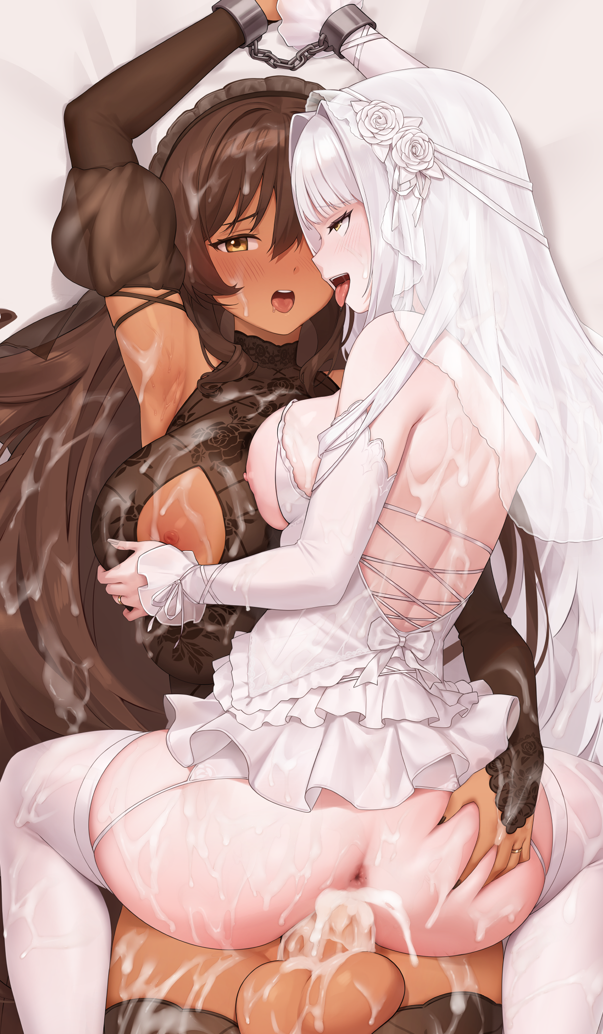 1futa, 1girls, big breasts, blanc (nikke), breasts, breasts out, cum, cum drip, cum in ass, cum in pussy, cum inside, cum on body, cum on breasts, cum on face, dark skin, dark-skinned futa, dripping, dripping cum, ejaculation, female, female focus, female pubic hair, futa on female, futa with female, futanari, goddess of victory: nikke, intersex, iwbitu, large breasts, large penis, light-skinned female, noir (nikke), penis, penis in pussy, pussy, sex, vaginal penetration, vaginal sex, white hair