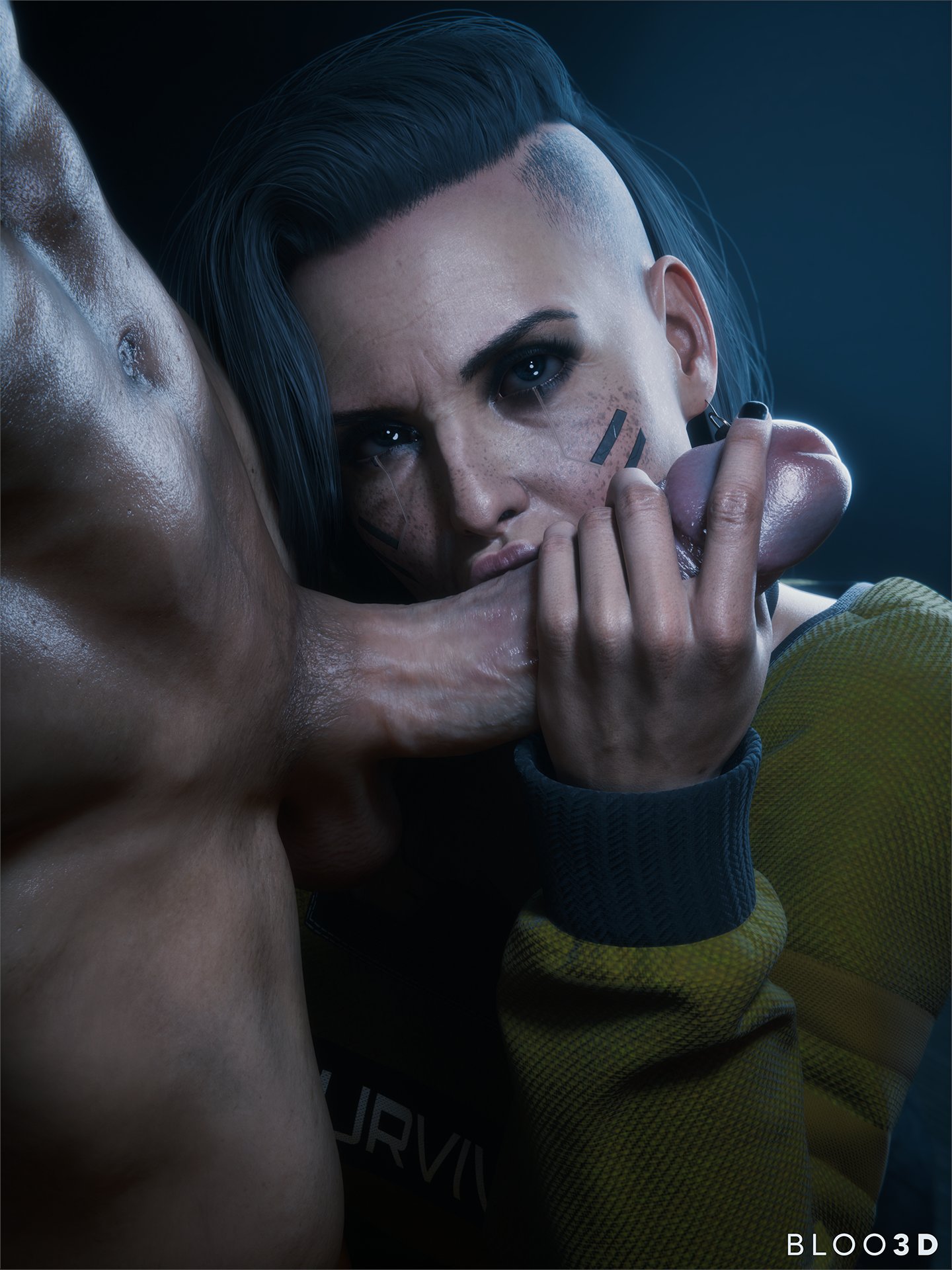 1boy, 1girls, 2025, 3d, black nail polish, bloo3d, clothed, clothed female, completely nude, cybernetics, cyberpunk 2077, dark room, duo, female, foreplay, handjob while sucking, kissing penis, long hair, looking at viewer, male, mature female, mouth on penis, nail polish, nude, nude male, oral, painted nails, penis, rogue amendiares, shaved side, straight, straight sex