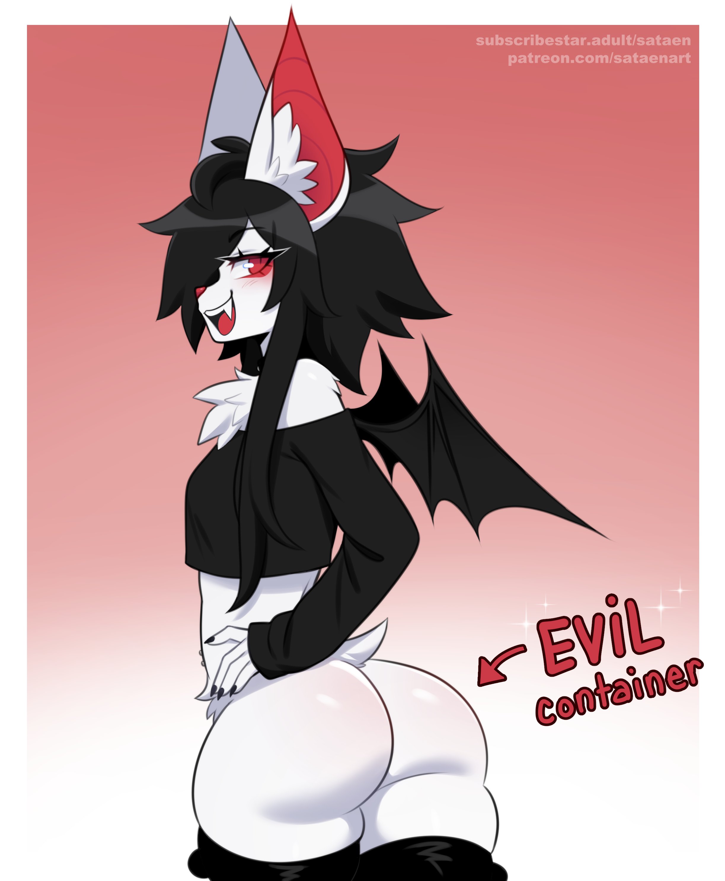 1girls, 2025, animal ears, anthro, asphodel, ass, bat, bat ears, bat tail, bat wings, black hair, blush, bottomless, chest tuft, claws, english text, evil container, fangs, female, female anthro, female focus, from side, furry, hand on hip, looking at viewer, open mouth, original, painted claws, patreon username, red eyes, sataenart, standing, stomach tuft, subscribestar username, tagme, tail, text, thick thighs, thighhighs, thighs, tuft, watermark, white fur, wings