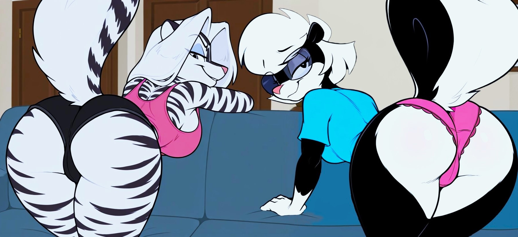 2girls, accurate art style, ai generated, anthro, ass, ass focus, bedroom eyes, double ass focus, female, female/female, furry, furryainudes, panties, presenting hindquarters, sabrina (sabrina online), sabrina online, skunk, zig zag