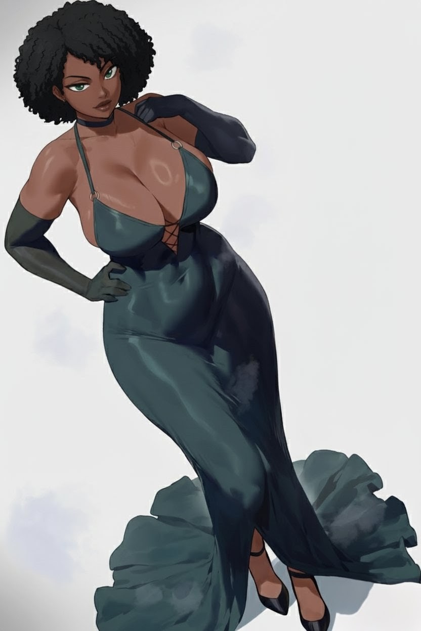 1girls, african female, afro, ai generated, big breasts, black hair, breasts, cleavage, dark skin, dark-skinned female, dress, evening gloves, female, female only, gloves, green dress, green eyes, hand on hip, heels, high heels, mature, mature female, mature woman, mrtecta, original, original character, solo, solo female, thick, thick lips, thick thighs, thighs