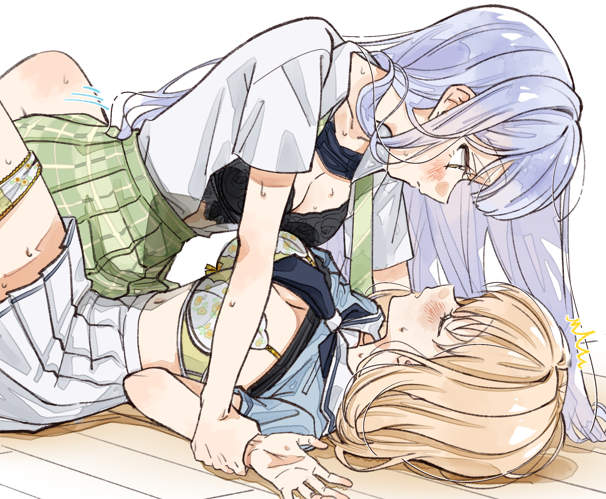 2girls, bang dream!, bang dream! it's mygo!!!!!, between legs, black bra, blonde hair, blue hair, blush, bra, breasts, ccc cloudy, cleavage, closed eyes, closed mouth, commentary, female, futa with female, futanari, green skirt, hanasakigawa school uniform, haneoka school uniform, highres, holding another's wrist, implied sex, intersex, long hair, looking at another, medium hair, misumi uika, multiple females, multiple girls, open clothes, open shirt, panties, panties around one leg, parted lips, pinned, pleated skirt, school uniform, shirt, short sleeves, skirt, sweat, togawa sakiko, underwear, white shirt, white skirt, yellow bra, yuri