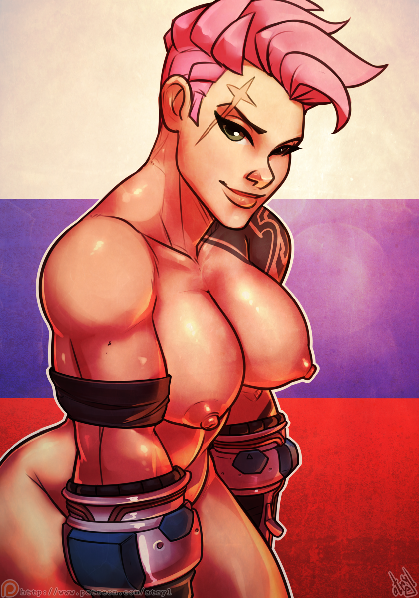 2d, areolae, armband, armor, atryl, biceps, blizzard entertainment, breasts, cleavage, collarbone, eyeliner, facial scar, female, female only, gauntlets, green eyes, highres, human, large breasts, looking at viewer, muscles, muscular, muscular female, nipples, nude, overwatch, overwatch 2, perky breasts, pink hair, puffy nipples, scar, short hair, smile, solo, solo female, tattoo, zarya