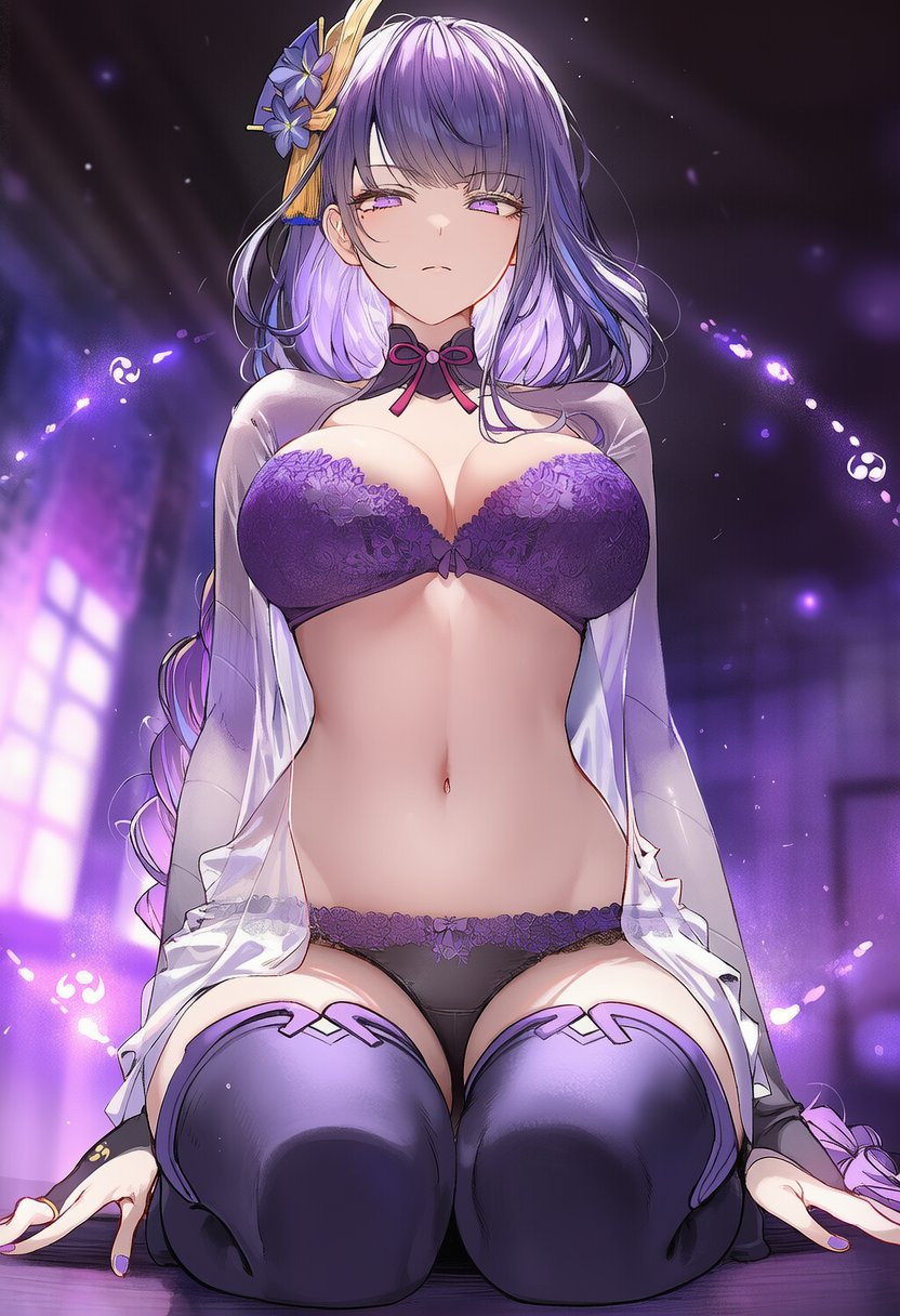 1girls, ai generated, breasts, exposed breasts, female, genshin impact, hoyoverse, link, long hair, mihoyo, ponytail, purple eyes, purple hair, purple lingerie, purple thighhighs, raiden shogun, thighhighs