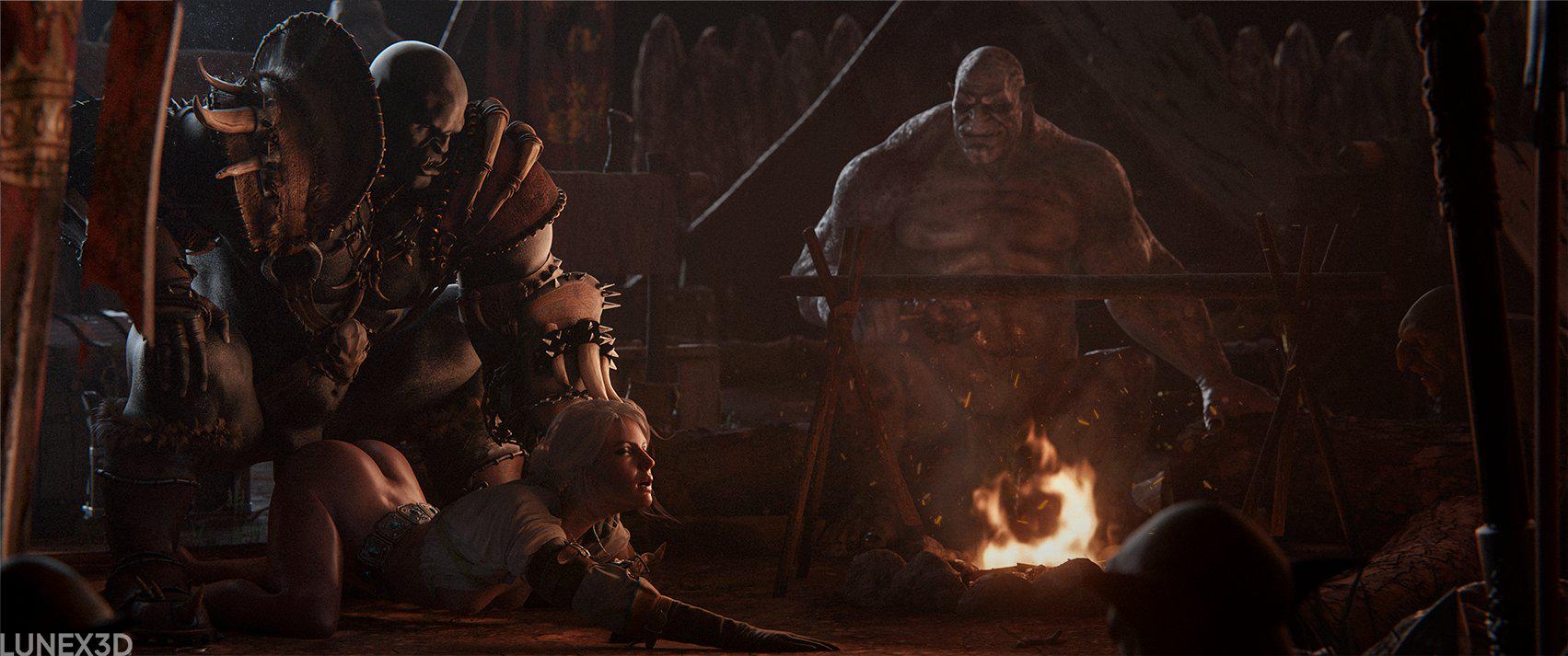 3d, ambiguous penetration, ass, ass up, breasts, bubble butt, campfire, cd projekt red, ciri, closed eyes, female, green skin, green-skinned male, half naked, half-dressed, human, human female, interspecies, light skin, light-skinned female, lunex3d, male, male/female, mascara, monster, monster on female, night, nipples, orc, orc male, outdoors, penetration, penis, scar, sex, submissive female, the witcher (series), the witcher 3: wild hunt, white hair, witcher medallion
