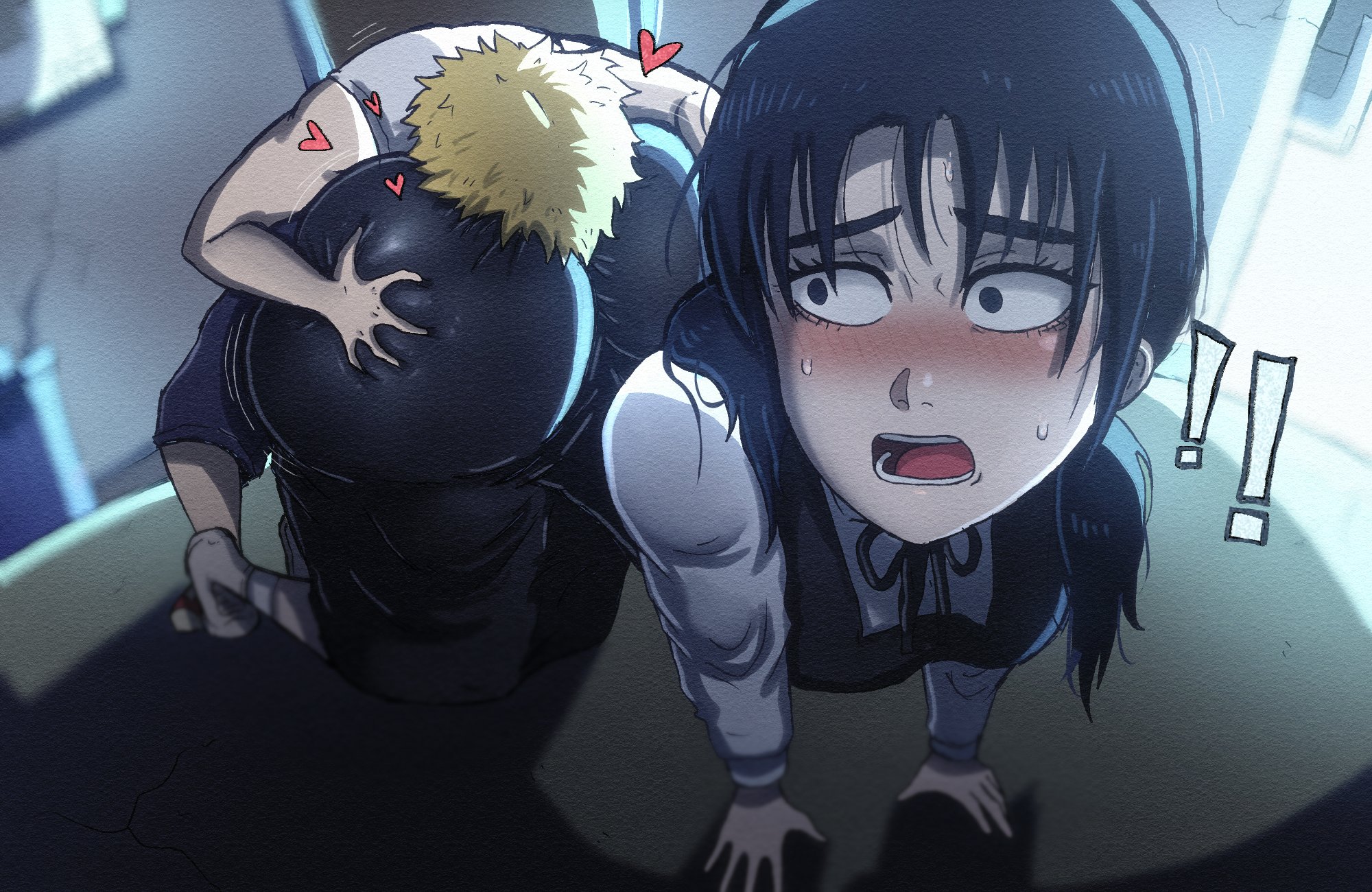black hair, blonde hair, blush, chainsaw man, denji (chainsaw man), face in ass, flushed, fourth east high school uniform, grabbing ass, huge ass, mitaka asa, ponytail, shoving face in ass, size difference, theodyss