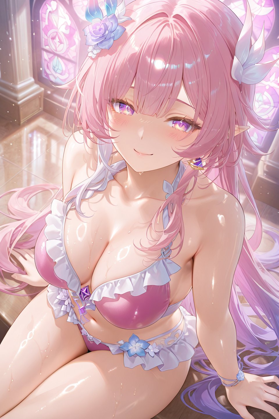 1girls, ai generated, bikini, breasts, cyrene (honkai: star rail), cyrene (ripples of past reverie) (honkai: star rail), exposed breasts, female, honkai: star rail, hoyoverse, long hair, long hair female, mihoyo, pink bikini, pink eyes, pink hair
