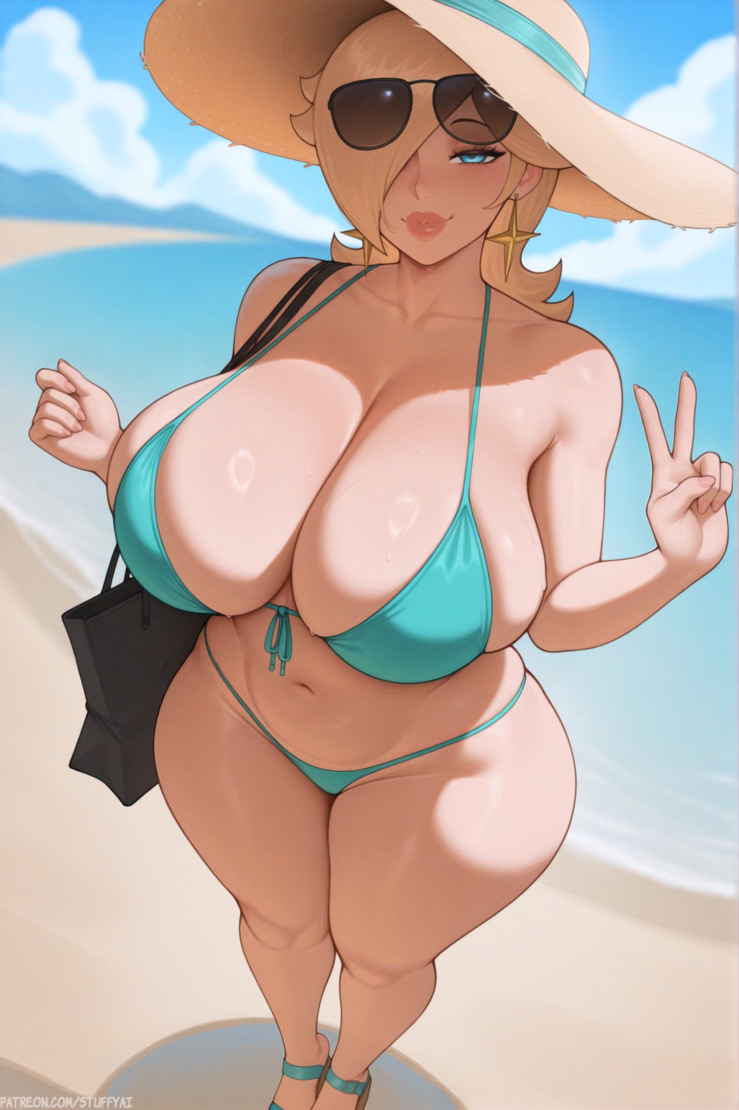 1girls, ai generated, bikini, bimbo, blonde hair, blue eyes, breasts, female, female only, hair over one eye, hi res, hips, huge breasts, light-skinned female, long hair, mario (series), milf, naughty face, nintendo, outdoors, princess rosalina, solo, stuffyai, super mario galaxy, thick thighs, thighs, wide hips