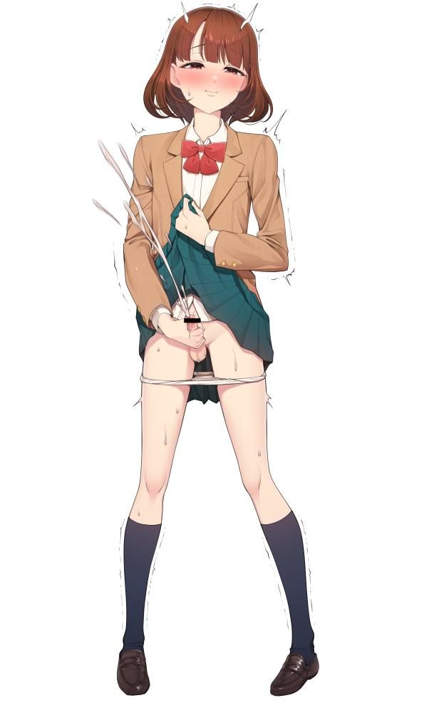 1boy, balls, bar censor, black socks, blazer, blush, bow, brown eyes, brown hair, brown jacket, brown shoes, censored, closed mouth, collared shirt, commentary request, commission, crossdressing, crossdressing (mtf), cum, ejaculation, erection, full body, green skirt, hokuro ryuuseigun, jacket, loafers, male, male masturbation, masturbation, original, panties, panty pull, penis, pixiv commission, pleated skirt, projectile cum, red bow, school uniform, shirt, shoes, short hair, simple background, skirt, socks, solo, sweat, testicles, trap, underwear, variant set, white background, white panties, white shirt