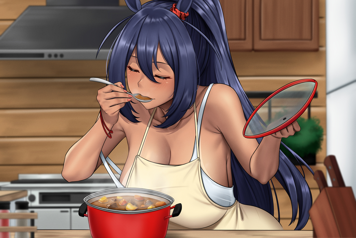 accessory, apron, blush, closed eyes, dark blue hair, dark skin, dark-skinned female, female, food, hishi amazon (umamusume), holding object, horse ears, horse girl, housewife, kitchen, kitchen utensils, long ponytail, ponytail, stmoon, tasting, umamusume, umamusume pretty derby, undershirt, undersized clothes