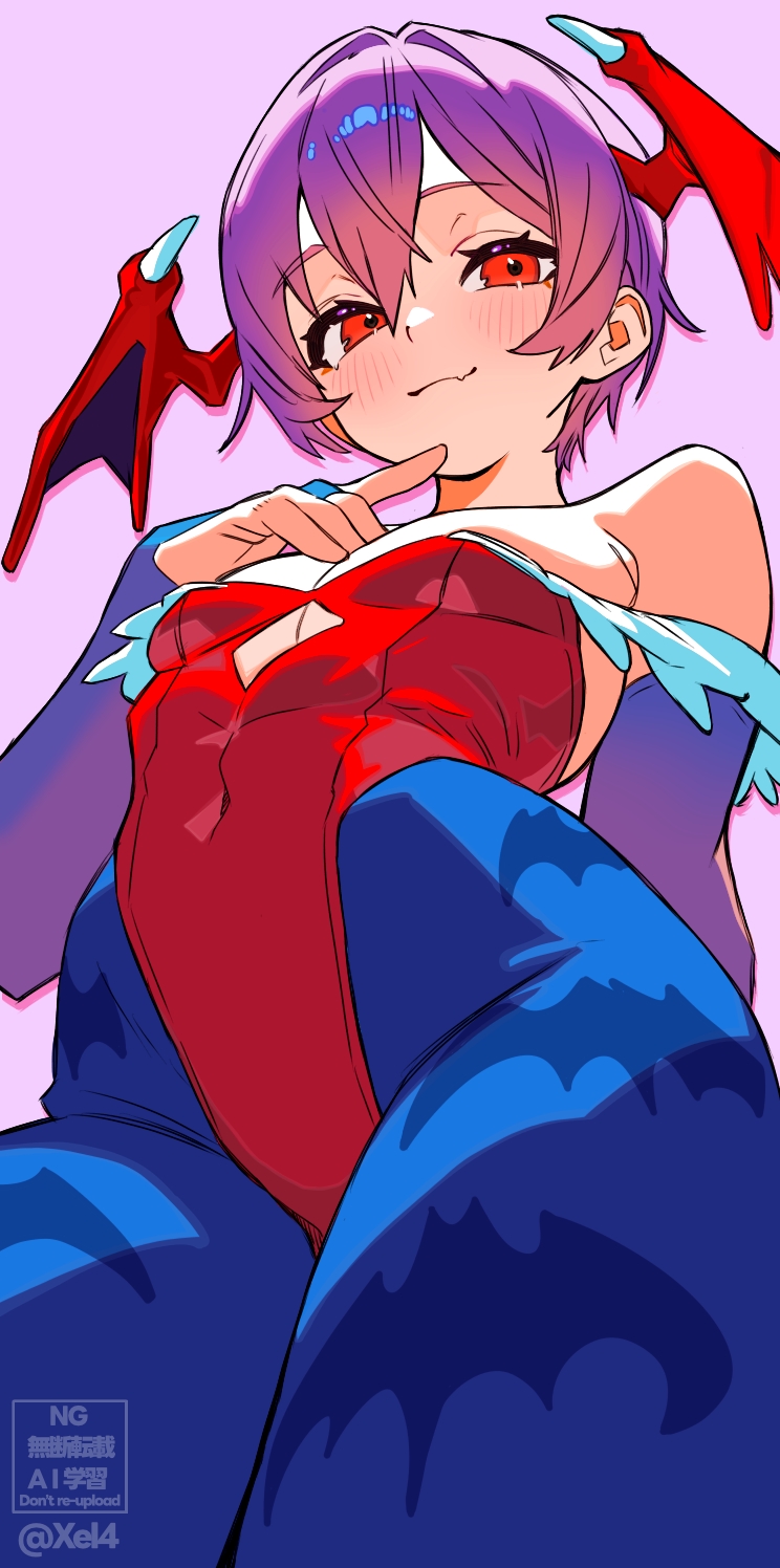 bare shoulders, blue pantyhose, blush, breasts, covered navel, darkstalkers, female, female only, from behind, head wings, highres, leotard, lilith aensland, looking at viewer, pantyhose, purple hair, red eyes, red leotard, short hair, small breasts, solo, standing, succubus, wings, xel4