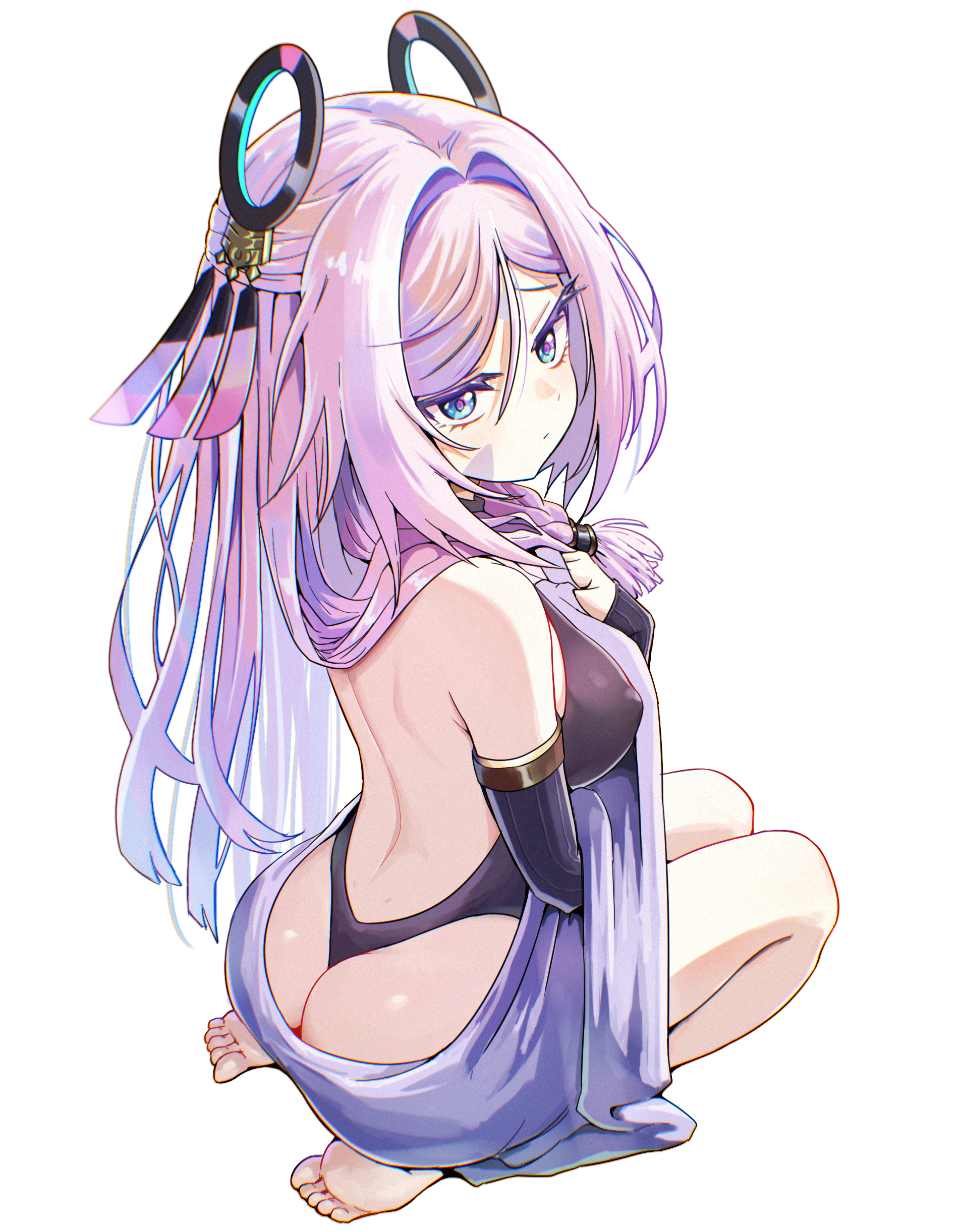 absurdres, ass, back, bare shoulders, blue eyes, blush, braid, breasts, citlali (genshin impact), closed mouth, facial mark, feathers, female, female only, floating headgear, forehead mark, genshin impact, hair intakes, headgear, highres, large breasts, leotard, looking back, median furrow, pink feathers, pink hair, pink pupils, purple feathers, purple sleeves, ribbed leotard, ribbed sleeves, ring hair ornament, seiza, shoulder blades, simple background, sitting, solo, thighs, triangle, triangle facial mark, umamipesto, white background
