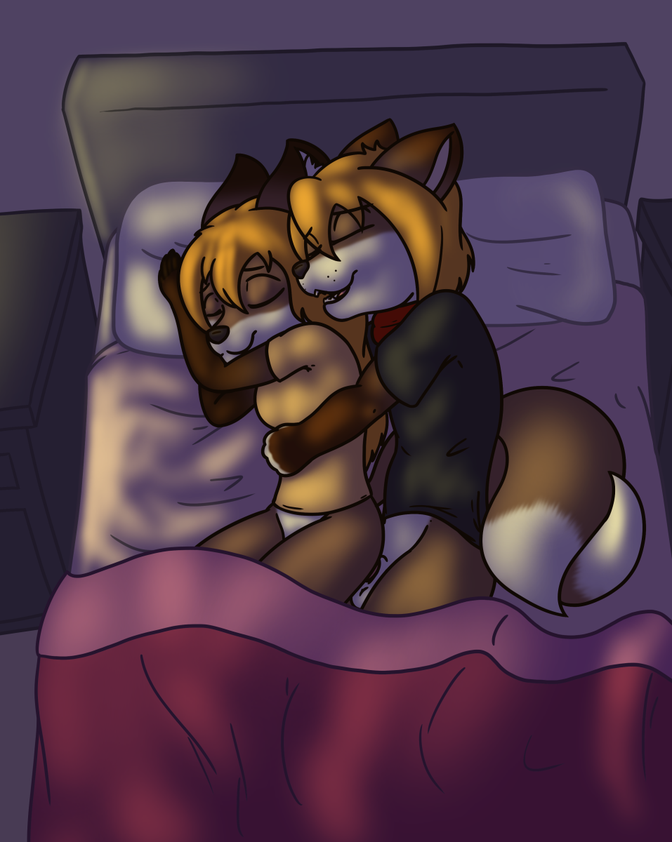 2018 anthro bed bedroom black_nose blonde_hair bottomless canine clothed clothing duo female fox hair male mammal open_mouth penetration penis pillow serenity_fox sex sleep_sex sleeping straight terdburgler vaginal_penetration valdis_fox