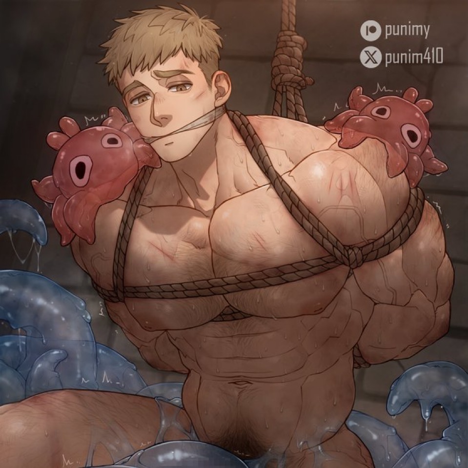 abs, arm tied, arms behind back, beaten up, begging, begging for mercy, big pecs, blonde hair, bondage, covering mouth, detailed, detailed background, dungeon meshi, gay, laios touden, looking at viewer, male focus, male only, male sub, muscular, muscular male, pecs, pubic hair, punim410, rope, rope bondage, scars, shibari, short hair, six pack, slime monster, suspension bondage, tentacle, tentacle rape, tentacle sex, tied up, vein, veiny muscles