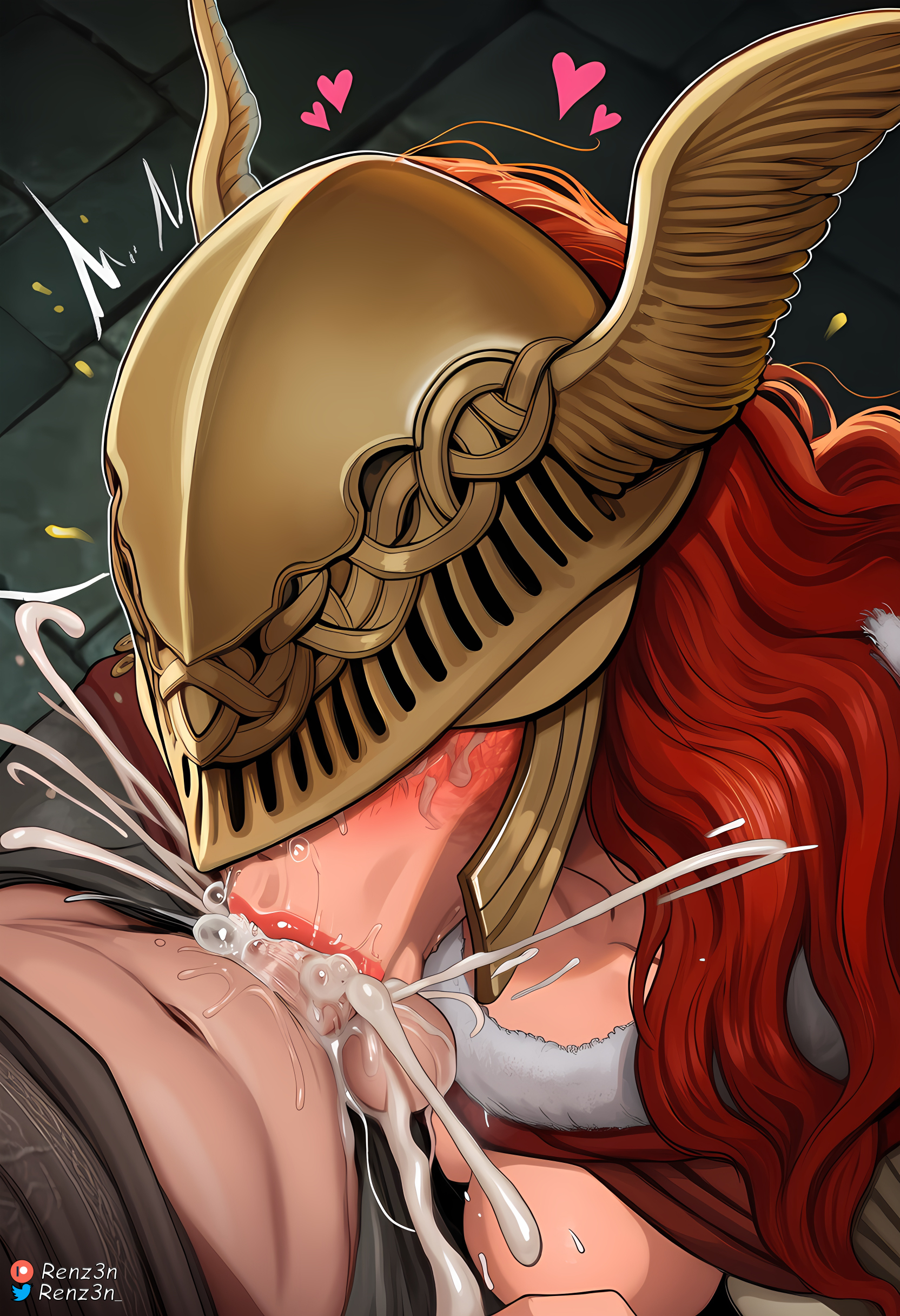 :>=, 1boy, 1girls, ai generated, armor, artist name, assertive female, big breasts, breasts, cum in mouth, deepthroat, elden ring, english, fellatio, female, femdom, helmet, hi res, high resolution, highres, indoors, male, male/female, malenia blade of miquella, oral, patreon, patreon url, penis, prosthetic, prosthetic arm, prosthetic limb, red hair, renz3n, straight, taller female, watermark