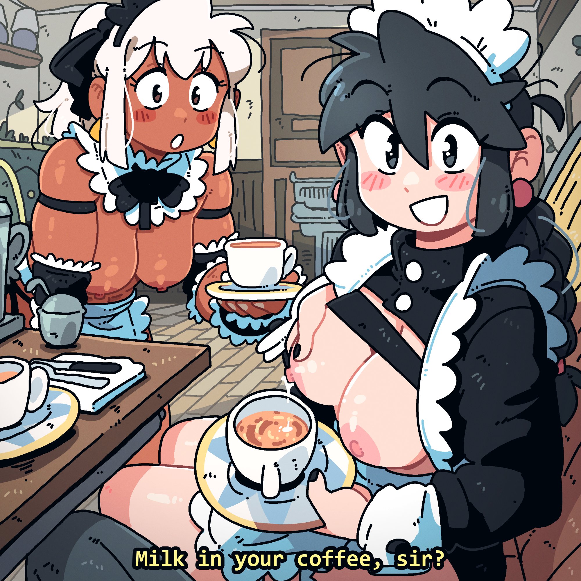 1boy, 2girls, areolae, black hair, blush, braided ponytail, breasts, breasts out, casual, casual nudity, coffee, earrings, hair ribbon, lactating, lactating in glass, lactating into cup, lactation, large breasts, looking at viewer, lucia (scott malin), maid uniform, mia (scott malin), nipples, open mouth, open smile, painted fingernails, painted nails, ponytail, scott malin, sitting, table, tan skin, tan skinned female, tied hair, white hair