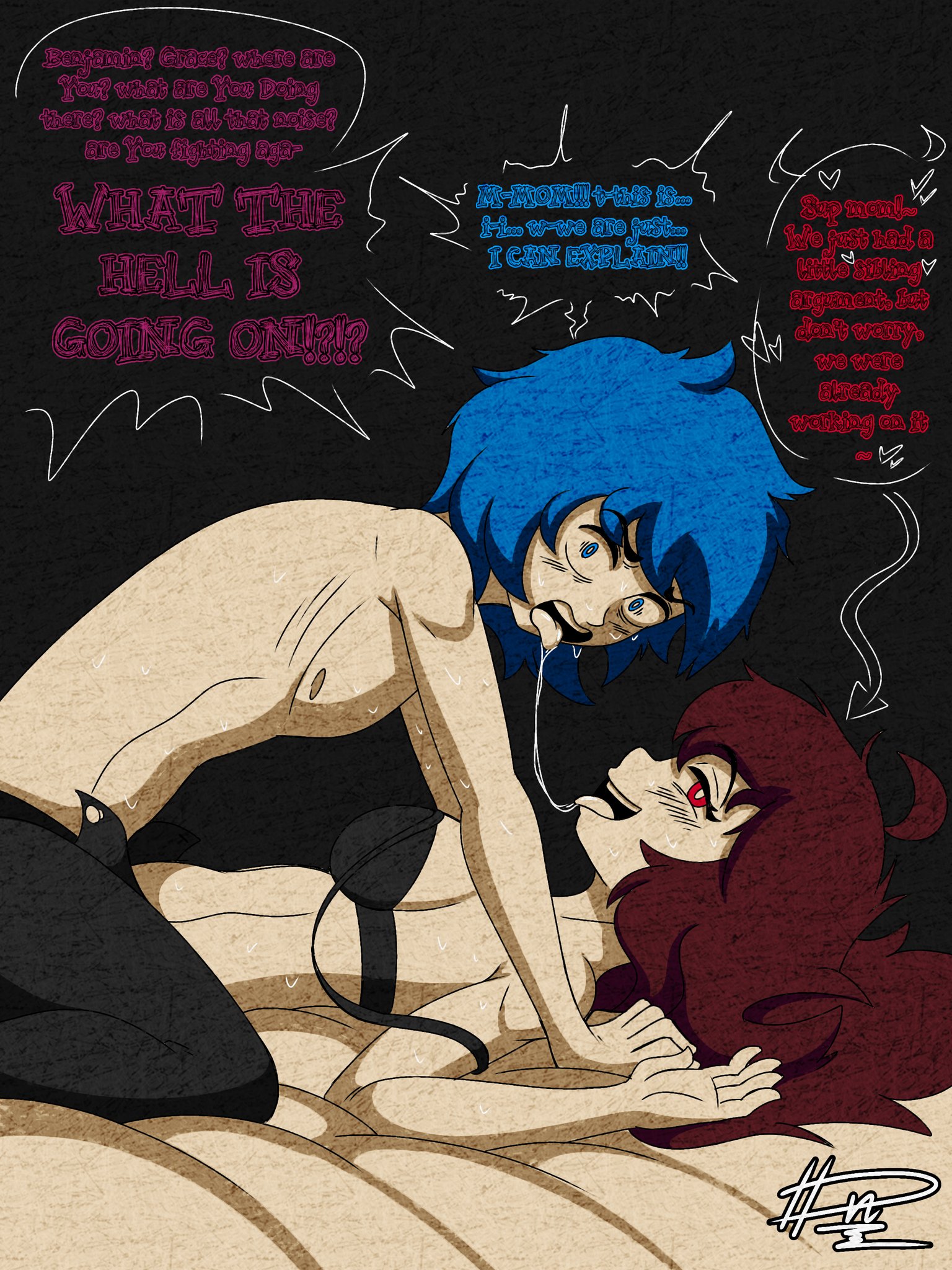 alternate universe, au, auburn hair, bed, bedroom, big breasts, blue eyes, blue hair, blush, boyfriend (friday night funkin), bra, caught, caught by mother, caught in the act, dn28 art, friday night funkin, girlfriend (friday night funkin), imminent sex, incest, incest (lore), incestuous (lore), kissing, large breasts, long hair, making out, naughty, naughty face, red eyes, red hair, saliva, saliva on tongue, saliva string, saliva trail, semi nude, shirtless, shocked, shocked expression, short hair, sweatdrop, the coffin of andy and leyley