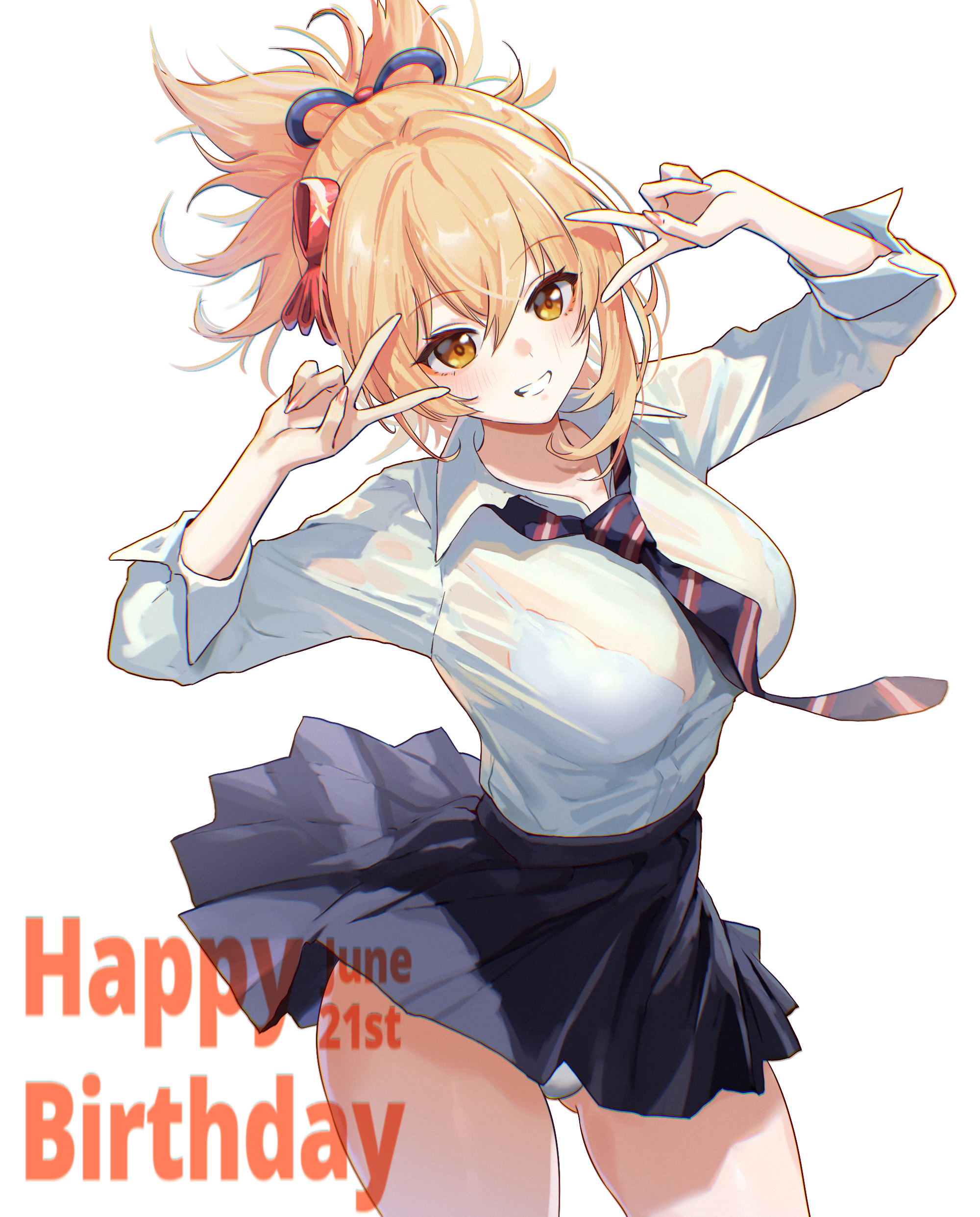 absurdres, big breasts, black necktie, black skirt, blonde hair, blush, bra visible through clothes, breasts, clothes lift, commentary request, diagonal-striped clothes, diagonal-striped necktie, double v, female, female only, genshin impact, hair between eyes, happy birthday, highres, large breasts, long hair, looking at viewer, necktie, panties, pantyshot, pleated skirt, ponytail, red eyes, school uniform, see-through clothes, shirt, shirt tucked in, simple background, skirt, skirt lift, sleeves rolled up, smile, solo, striped clothes, umamipesto, underwear, v, v over eye, white background, white panties, white shirt, yoimiya (genshin impact)