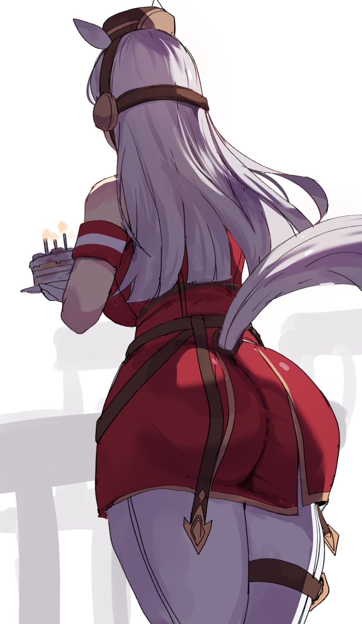 1girls, animal ears, armband, ass, birthday cake, breasts, cake, candle, commentary, dress, english commentary, female, female only, food, from behind, gloves, gold ship (red strife) (umamusume), gold ship (umamusume), grey hair, hat, highres, hinghoi, holding, holding plate, horse ears, horse girl, horse tail, large breasts, long hair, pantyhose, pillbox hat, plate, red dress, sleeveless, sleeveless dress, solo, striped armband, striped clothes, tail, umamusume, white gloves, white pantyhose
