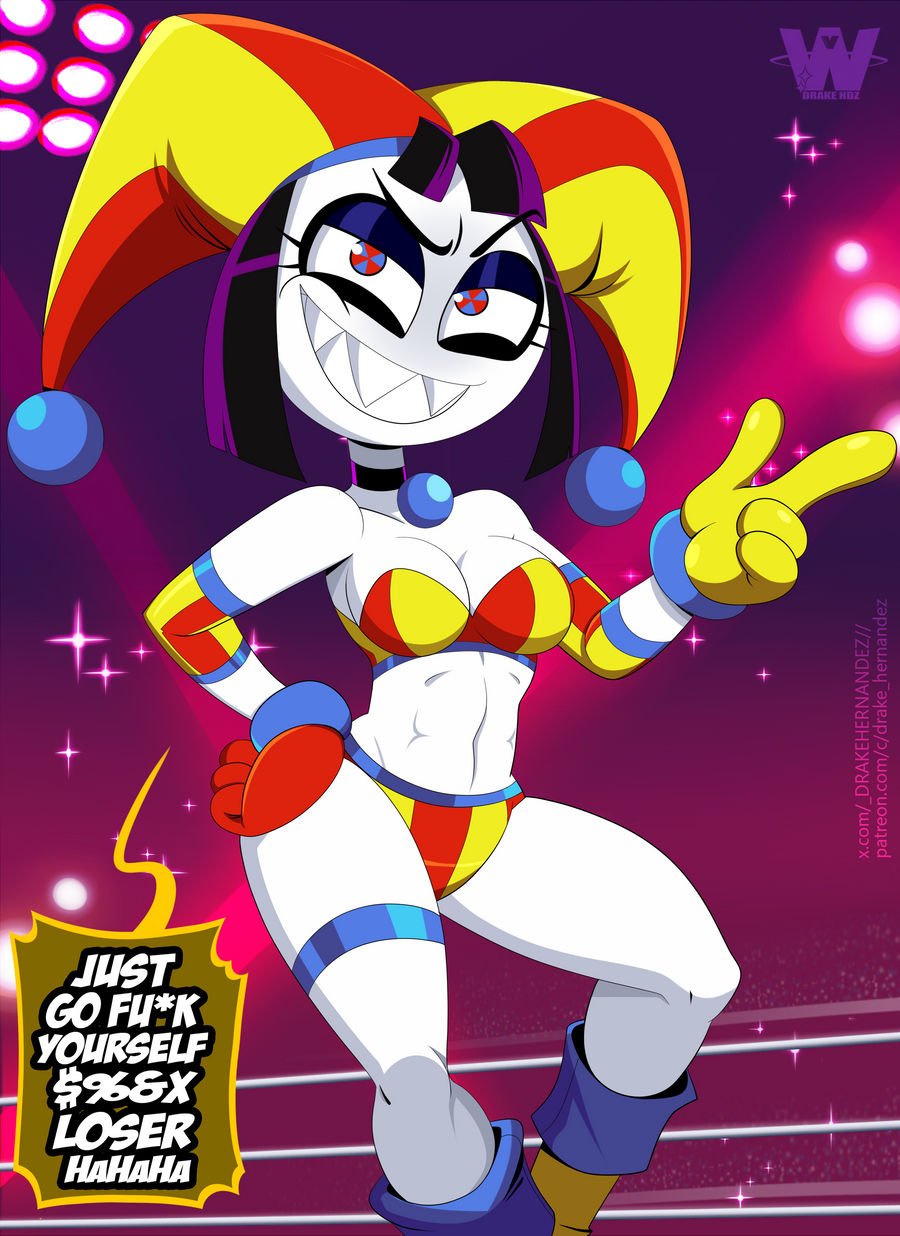 dialogue, drakehernandez, evil grin, evil pomni (the amazing digital circus), evil smile, great dude, hot, pomni (the amazing digital circus), sexy, sharp teeth, solo, tagme, tagme (artist), the amazing digital circus, wrestling, wrestling outfit, wrestling ring