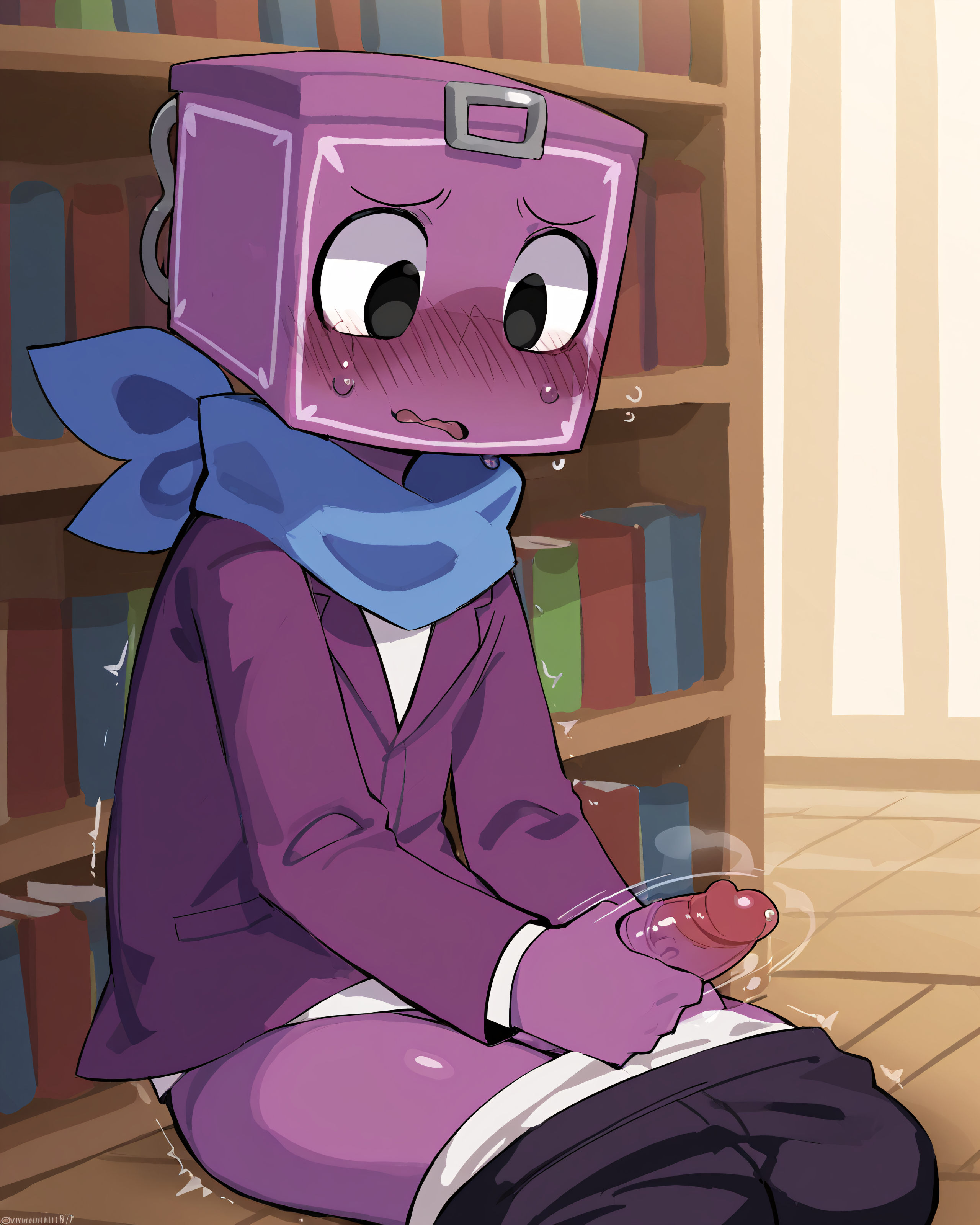 1boy, absurd res, ai generated, black eyes, blue scarf, blush, bookshelf, boxten (dandy's world), cube head, dandy's world, dandys world, embarrassed, falsegate, hand on own penis, highres, humanoid, jerking off, library, masturbation, nervous, non-human, pants down, penis, personification, public, public masturbation, purple penis, purple skin, scarf, self upload, sitting, solo, square head, stable diffusion, uncensored