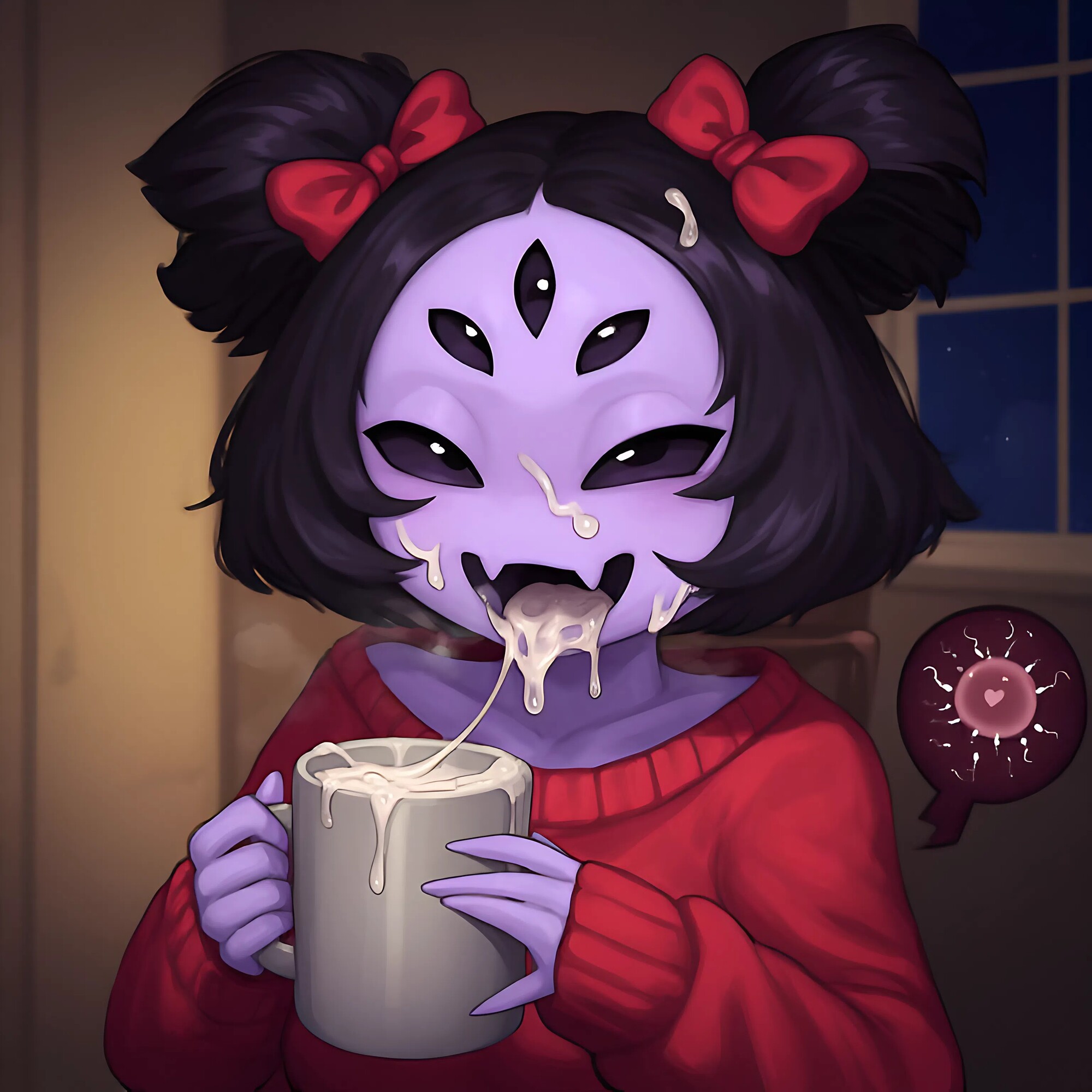 1:1, 2d, 5 eyes, ai generated, anthro, anthro female, anthro focus, bare shoulders, black eyes, black hair, bow, clothed, clothed anthro, clothed female, cum, cum drip, cum dripping, cum in cup, cum in mouth, cum inside, cum on chin, cum on cup, cum on face, cum on tongue, cup, dark purple eyes, drink, drinking, drinking cum, eating, eating cum, fangs, female, female anthro, female focus, fertilization, humanoid, impregnation, insect girl, insects, kitchen, krostyx, looking at viewer, medium hair, monster, monster girl, muffet, night, night sky, noseless, open mouth, oral impregnation, ovum, pregnant, pregnant anthro, pregnant female, purple skin, red bow, red clothing, red sweater, self upload, sperm cell, spider, spider girl, steam, steamy cum, sweater, undertale, undertale (series), window
