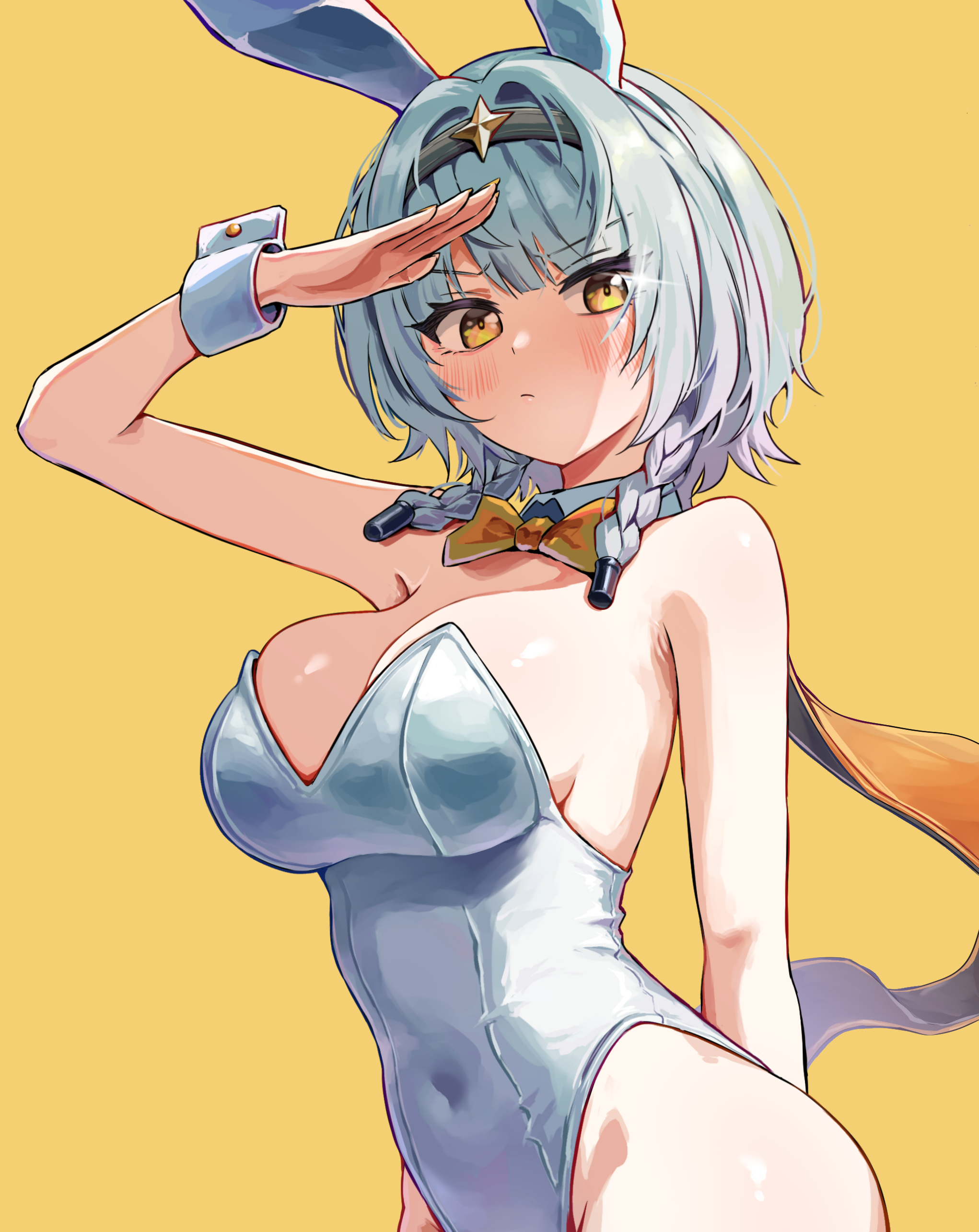 1girls, absurdres, alternate costume, anby demara, anby demara (silver soldier), animal ears, arm behind back, black hairband, blush, bow, bowtie, braid, breasts, cleavage, closed mouth, commentary, covered navel, detached collar, embarrassed, fake animal ears, female, female only, frown, gleam, grey hair, hair intakes, hairband, highleg, highleg leotard, highres, leotard, looking at viewer, low twin braids, medium breasts, orange scarf, rabbit ears, salute, scarf, short hair, simple background, soldier 0 - anby, solo, standing, twin braids, umamipesto, v-shaped eyebrows, white leotard, wrist cuffs, yellow background, yellow bow, yellow bowtie, yellow eyes, zenless zone zero